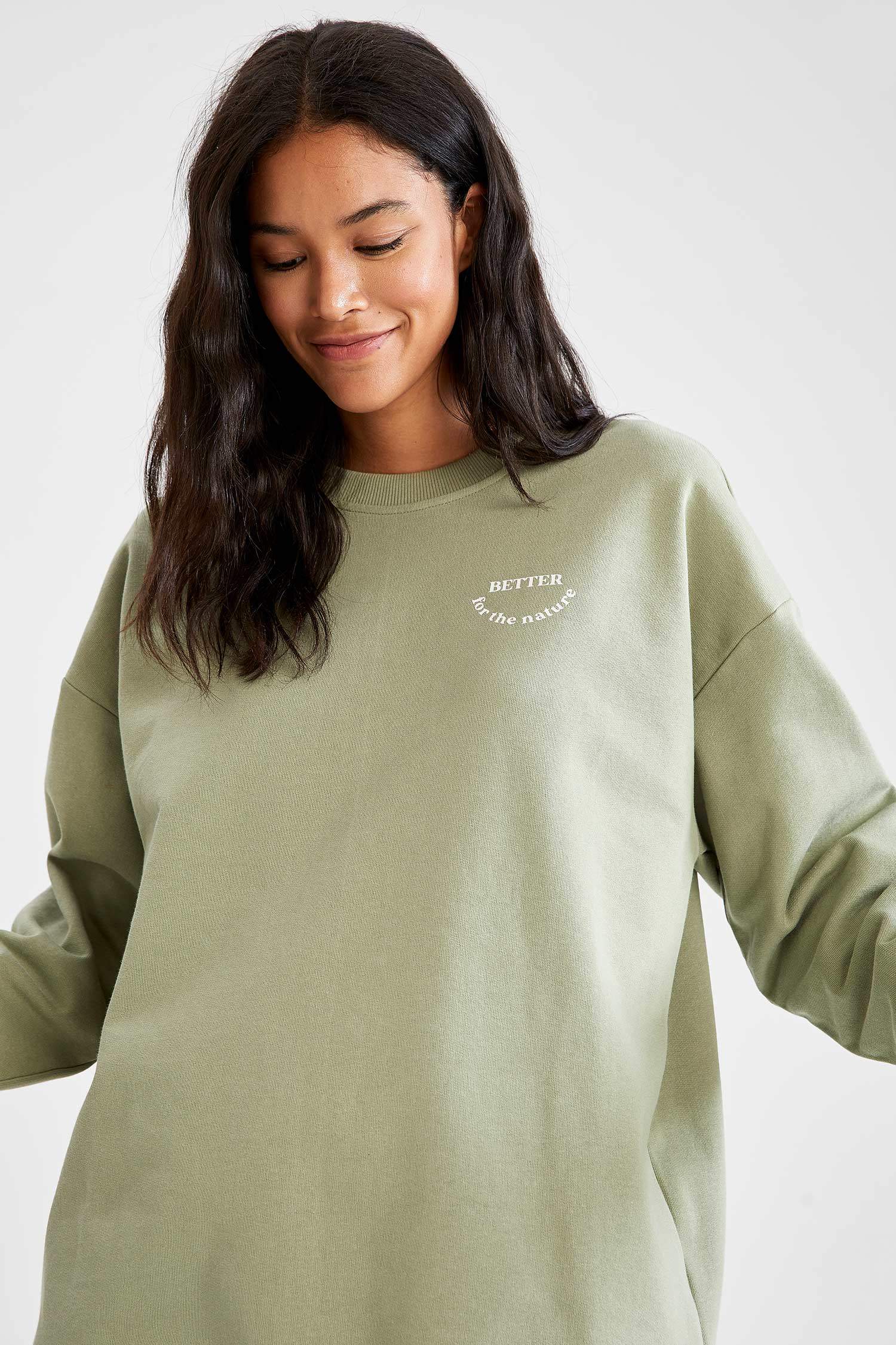 Organik Pamuklu Slogan Baskılı Oversize Fit İçi Yumuşak Tüylü Sweatshirt