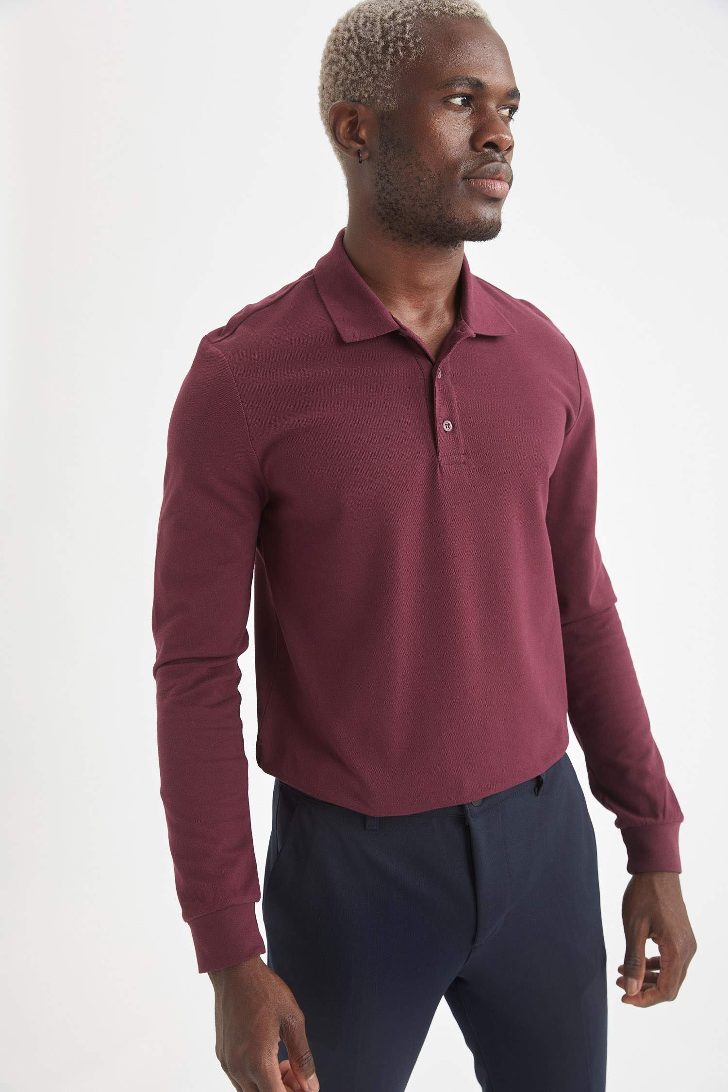 Slim Fit Polo Yaka Basic Uzun Kollu Tişört