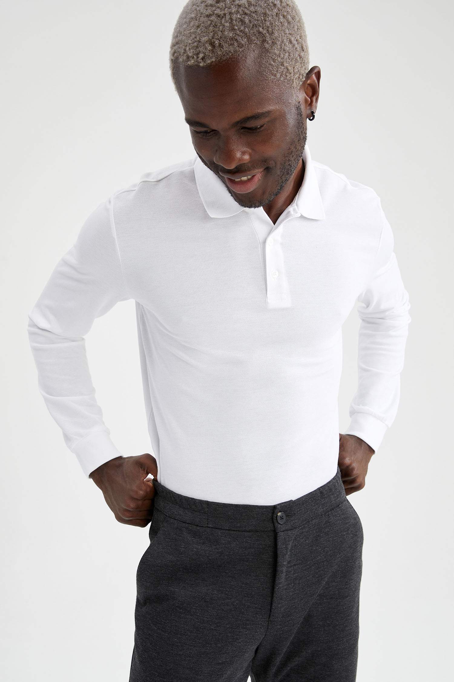 Slim Fit Polo Yaka Basic Uzun Kollu Tişört
