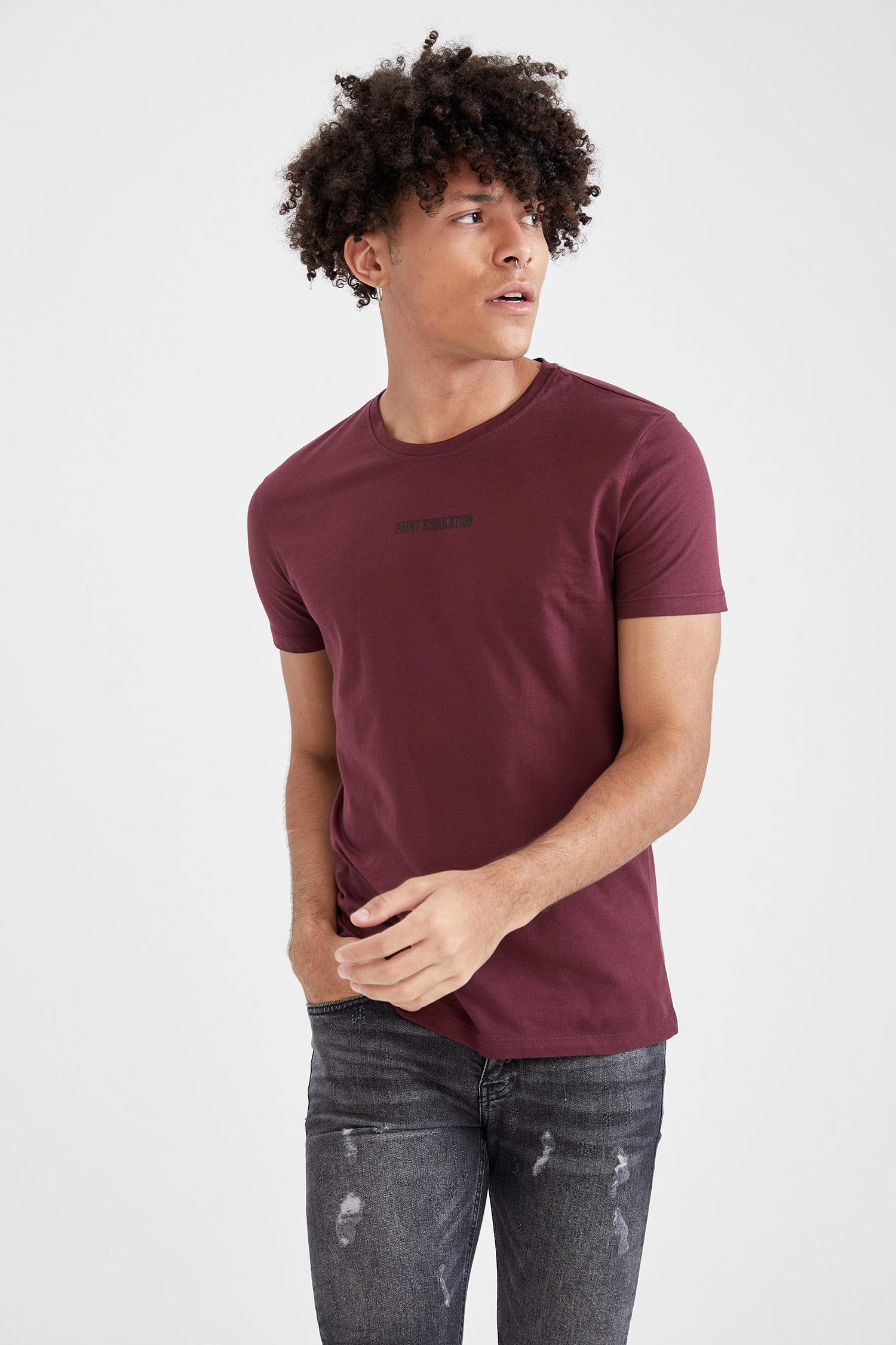 Slim Fit Bisiklet Yaka Slogan Baskılı Kısa Kollu Tişört