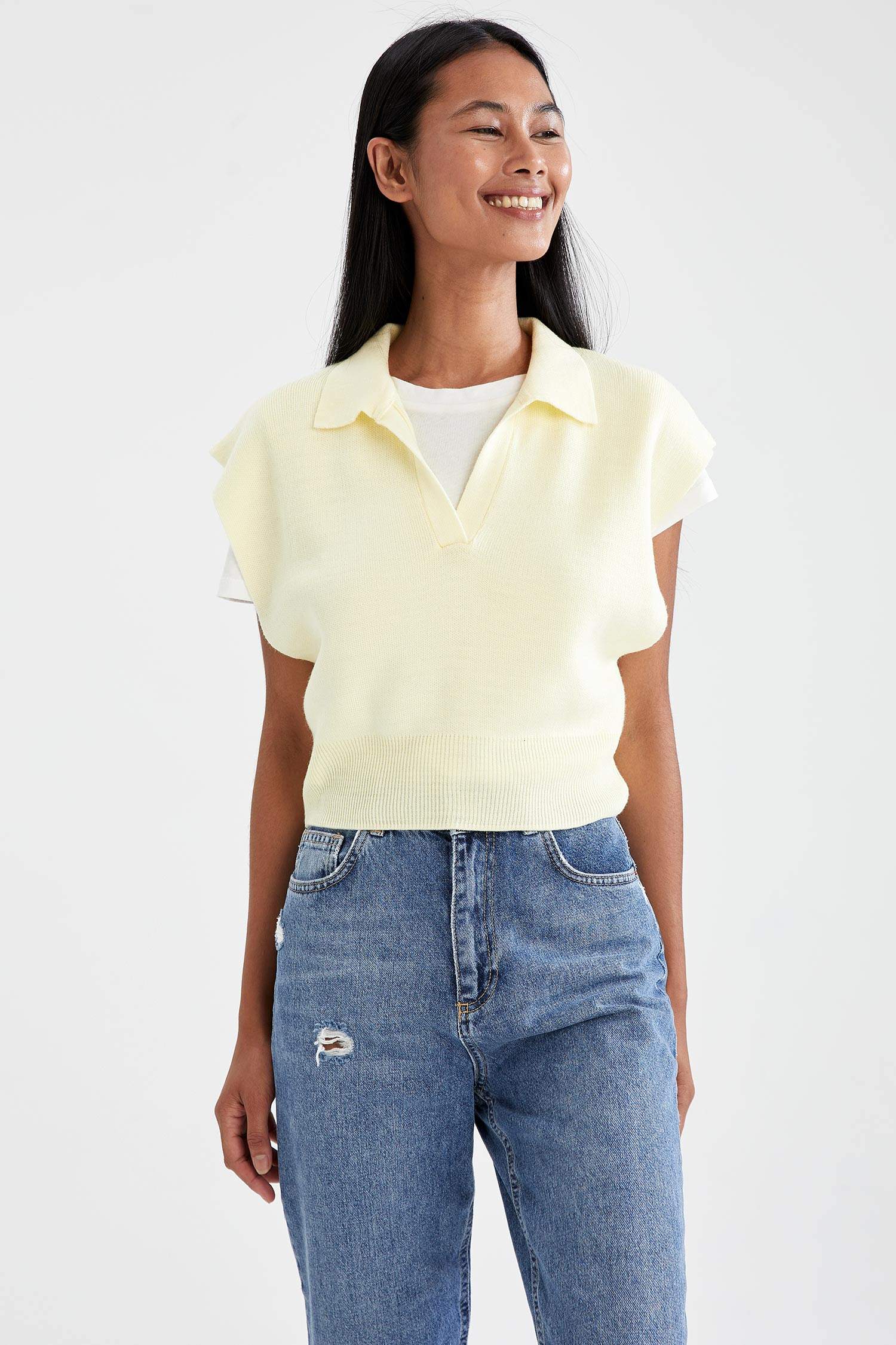 Polo Yaka Relax Fit Crop Triko Süveter