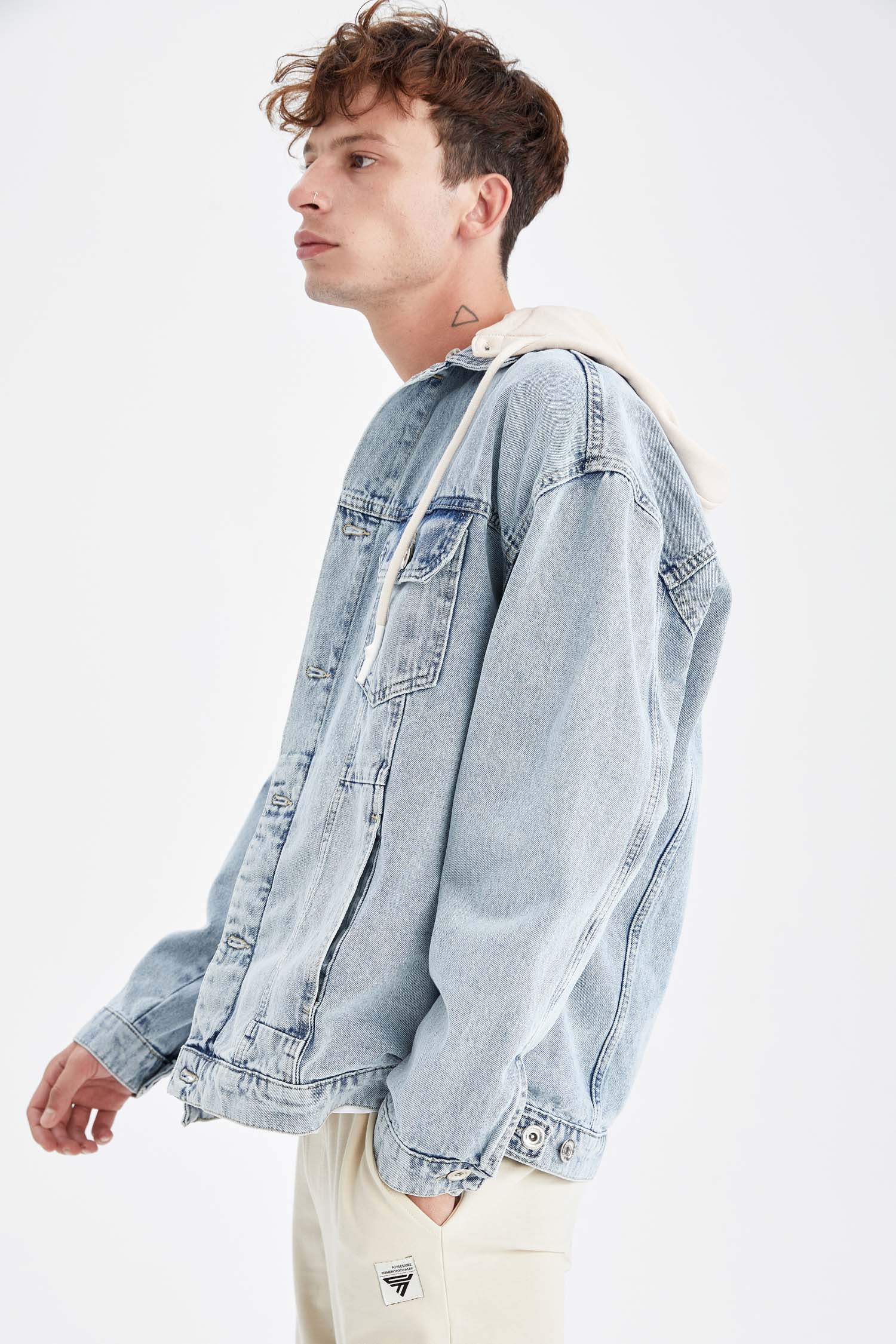 Oversize Fit Kapüşonlu Jean Ceket