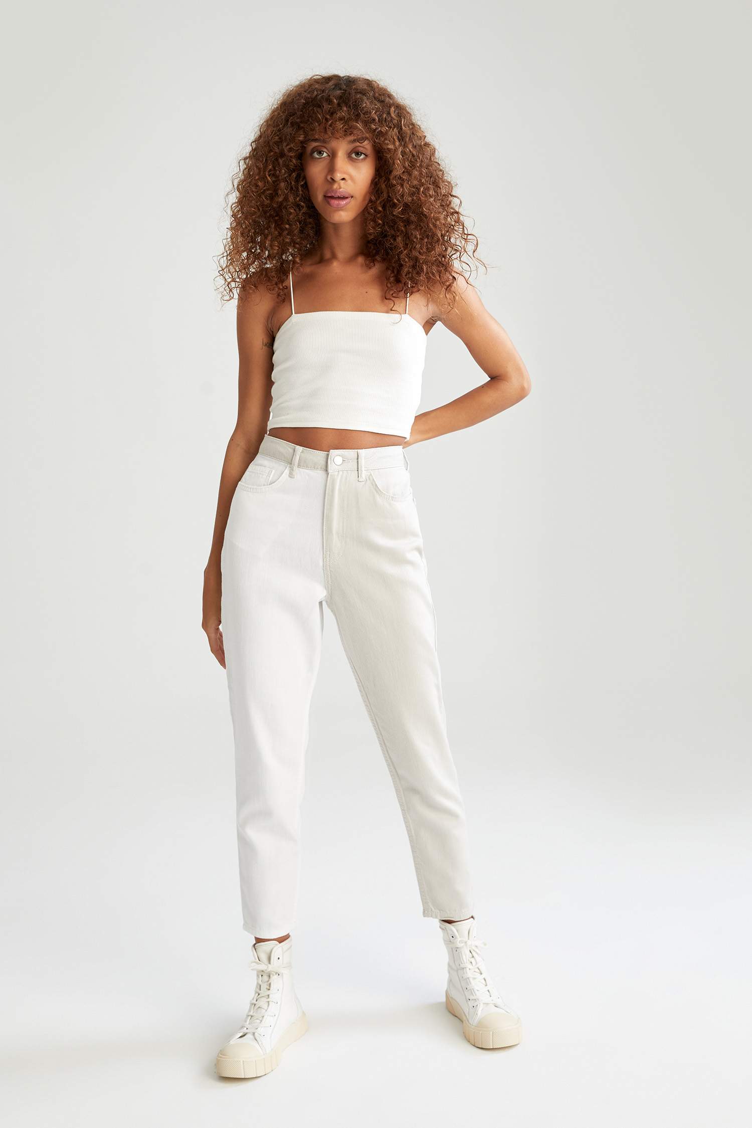 Mom Fit Renk Bloklu Dokuma Pantolon