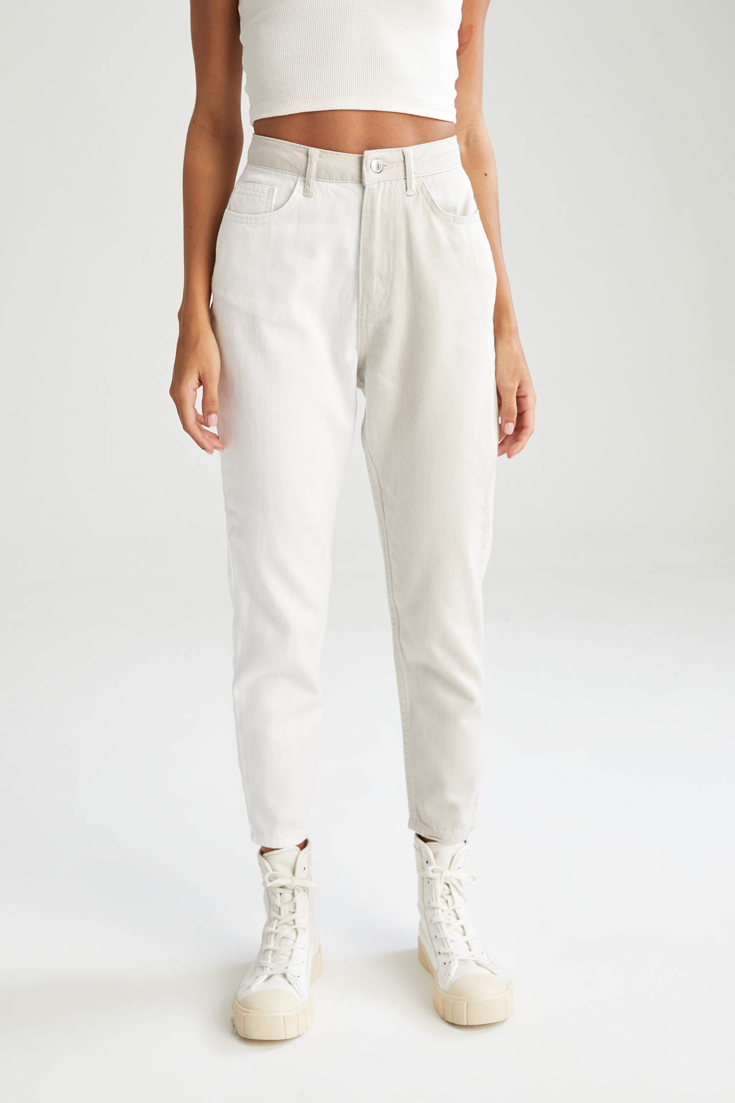 Mom Fit Renk Bloklu Dokuma Pantolon