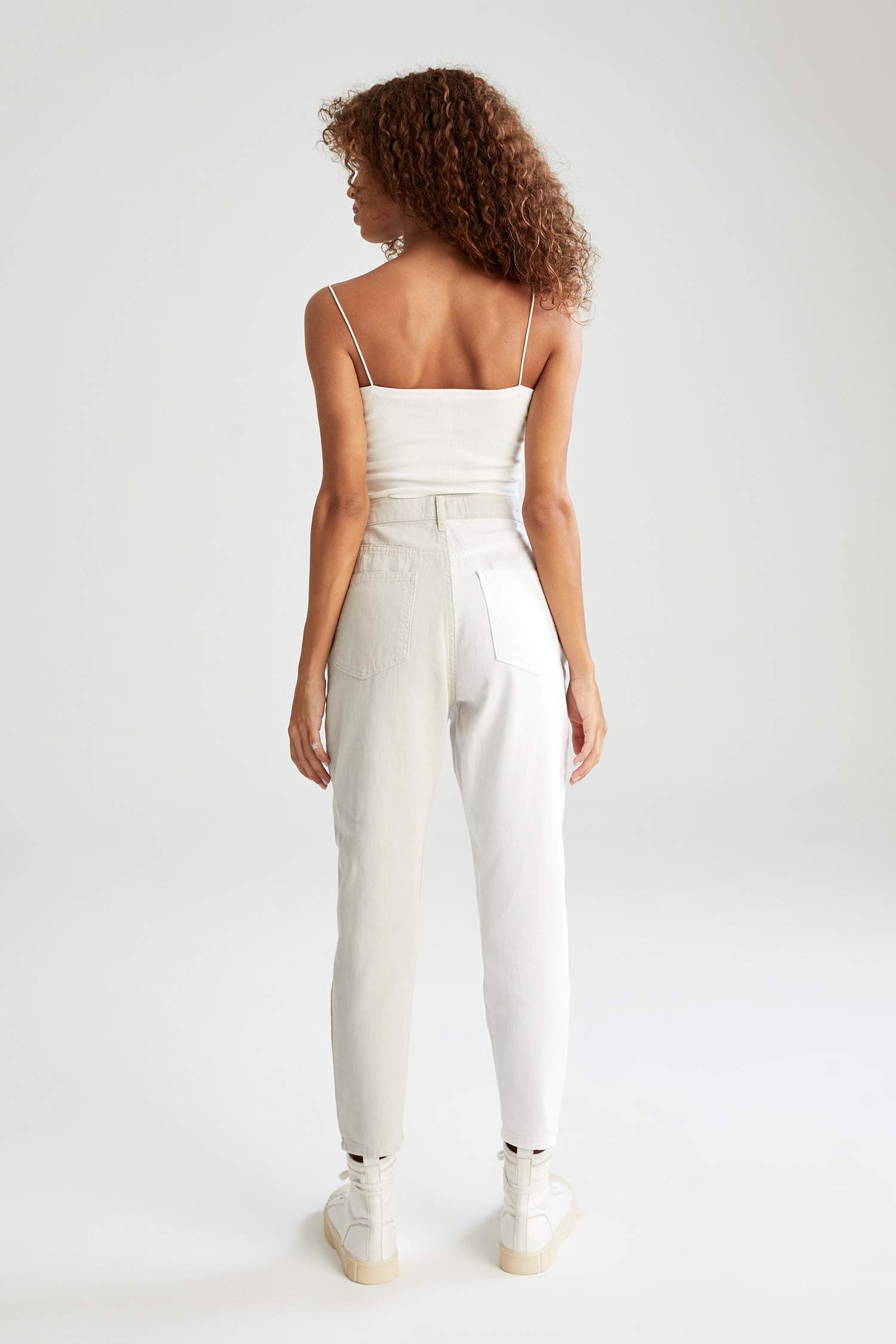 Mom Fit Renk Bloklu Dokuma Pantolon