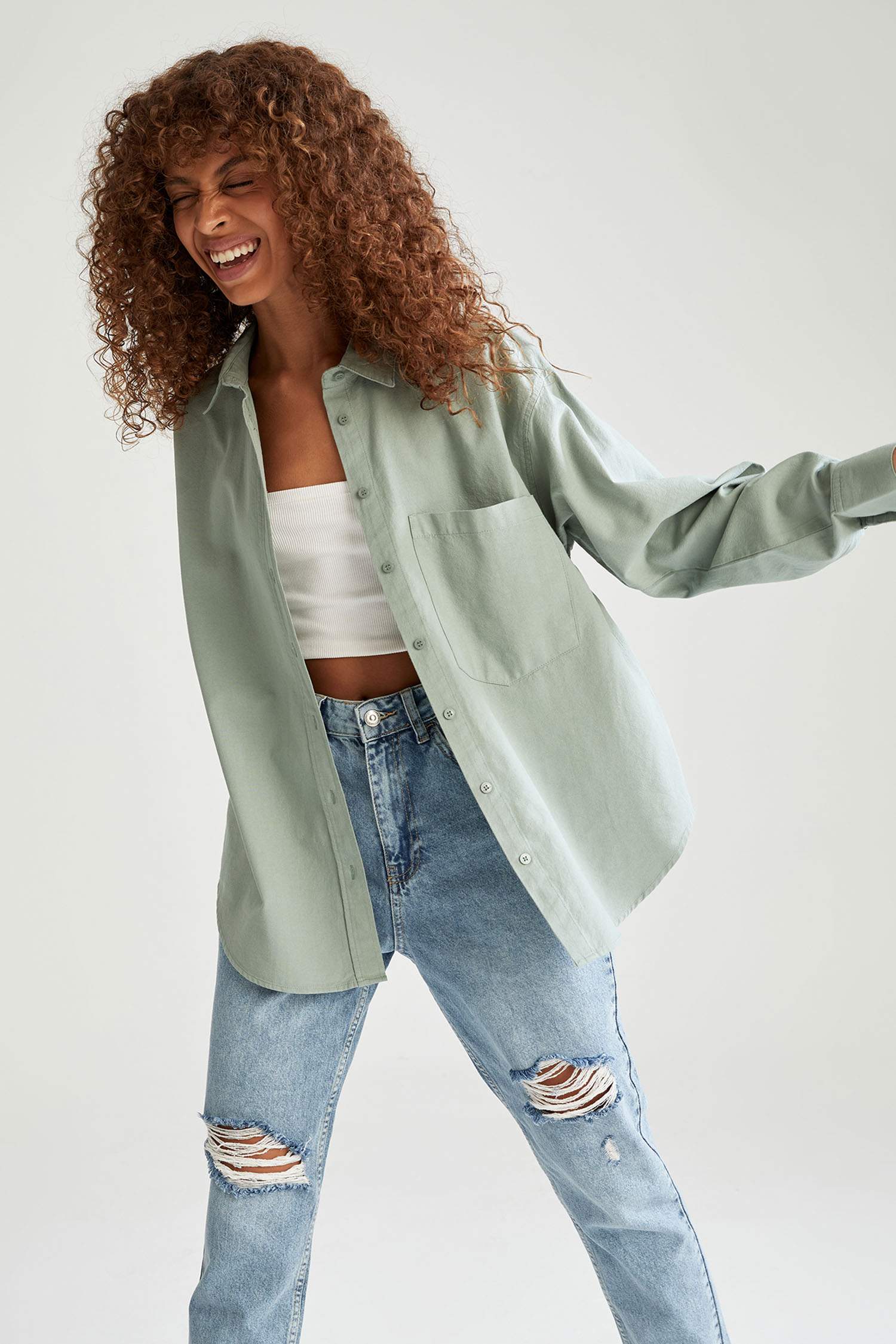 Oversize Fit Cepli Pamuklu Oxford Gömlek