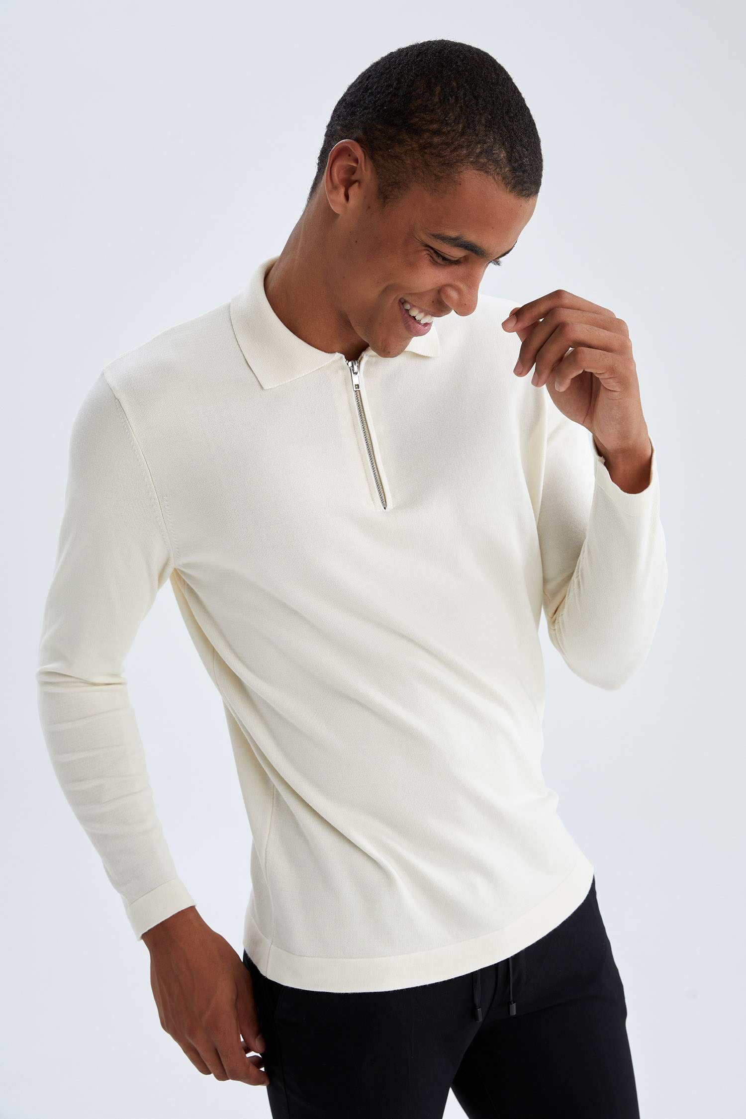 Slim Fit Polo Fermuarlı Yaka Triko Kazak