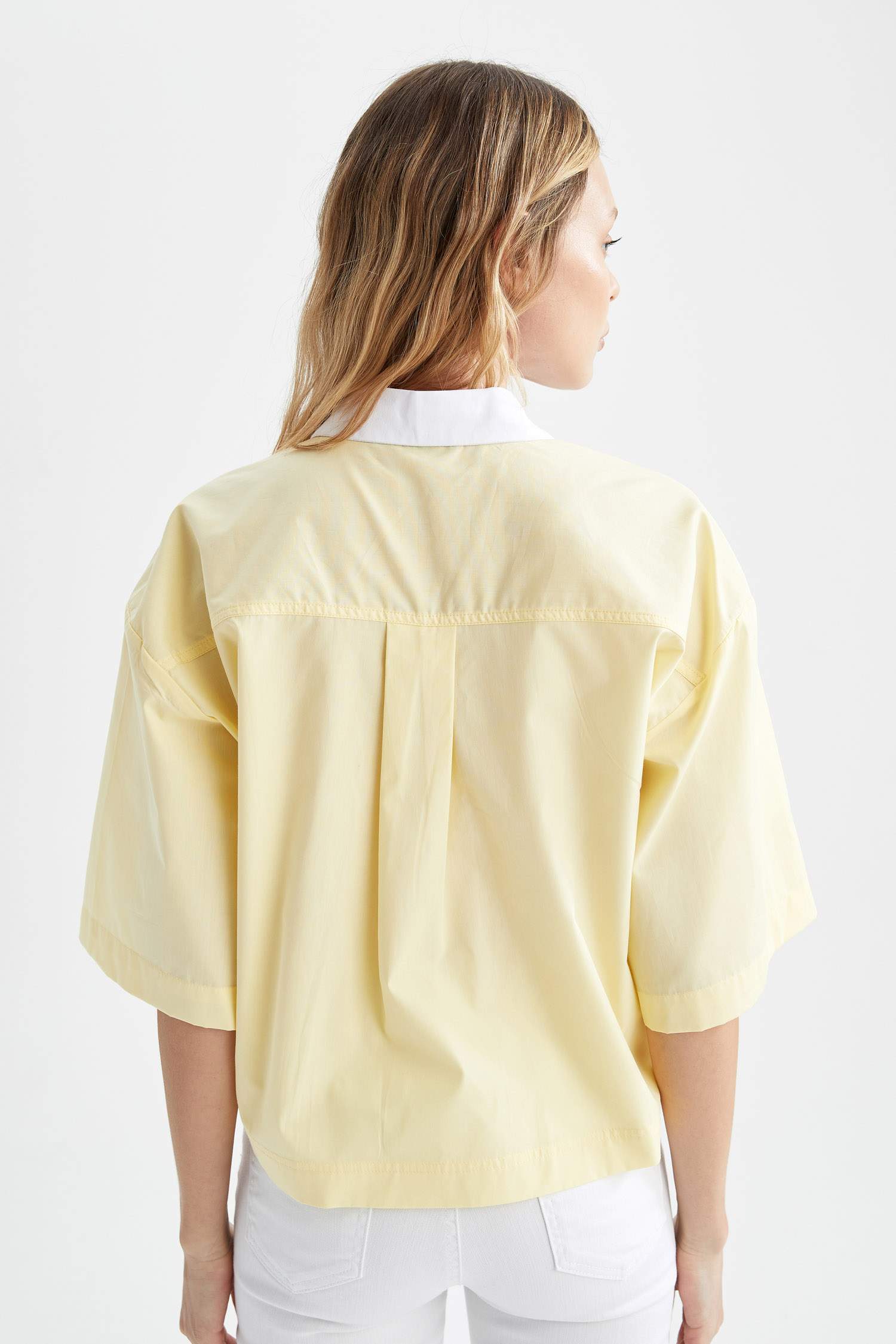 Çift Cepli Crop Kısa Kollu Poplin Gömlek
