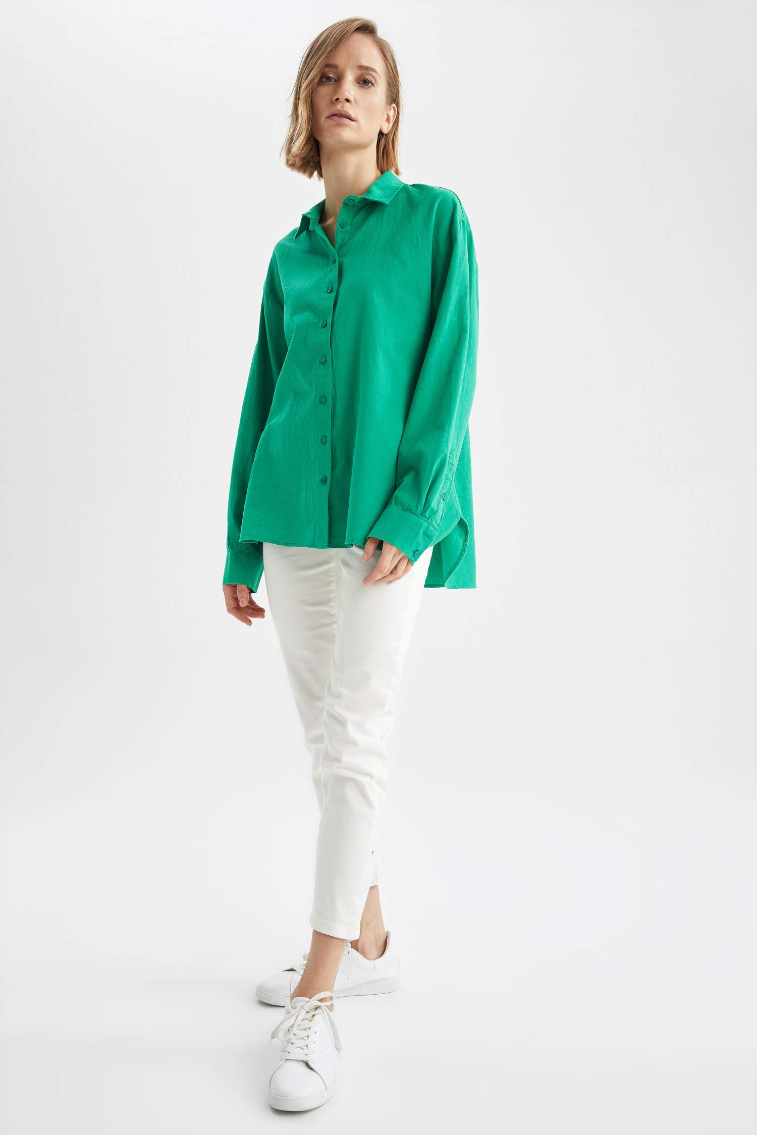 Basic Oversize Fit Keten Görünümlü Gömlek