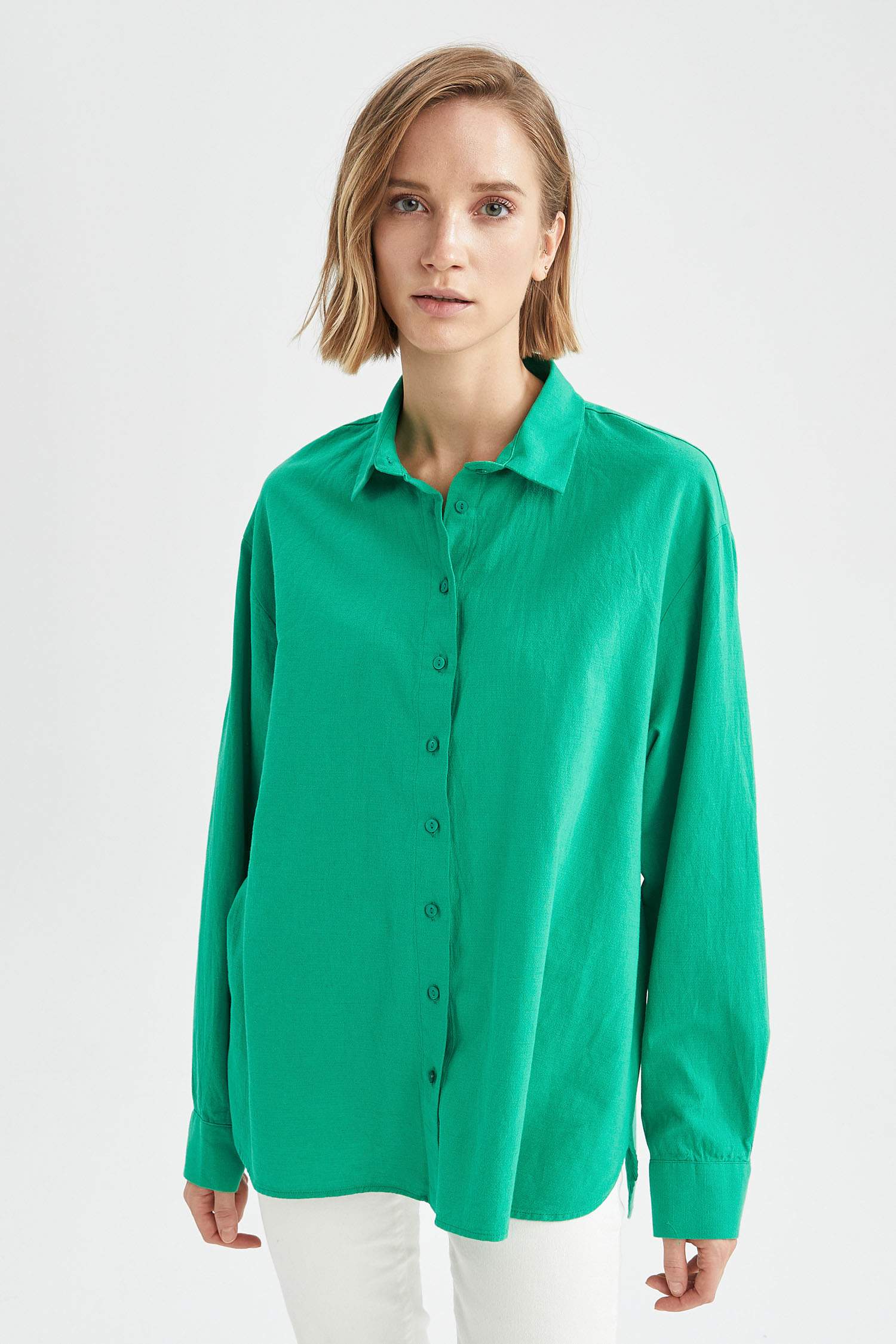 Basic Oversize Fit Keten Görünümlü Gömlek