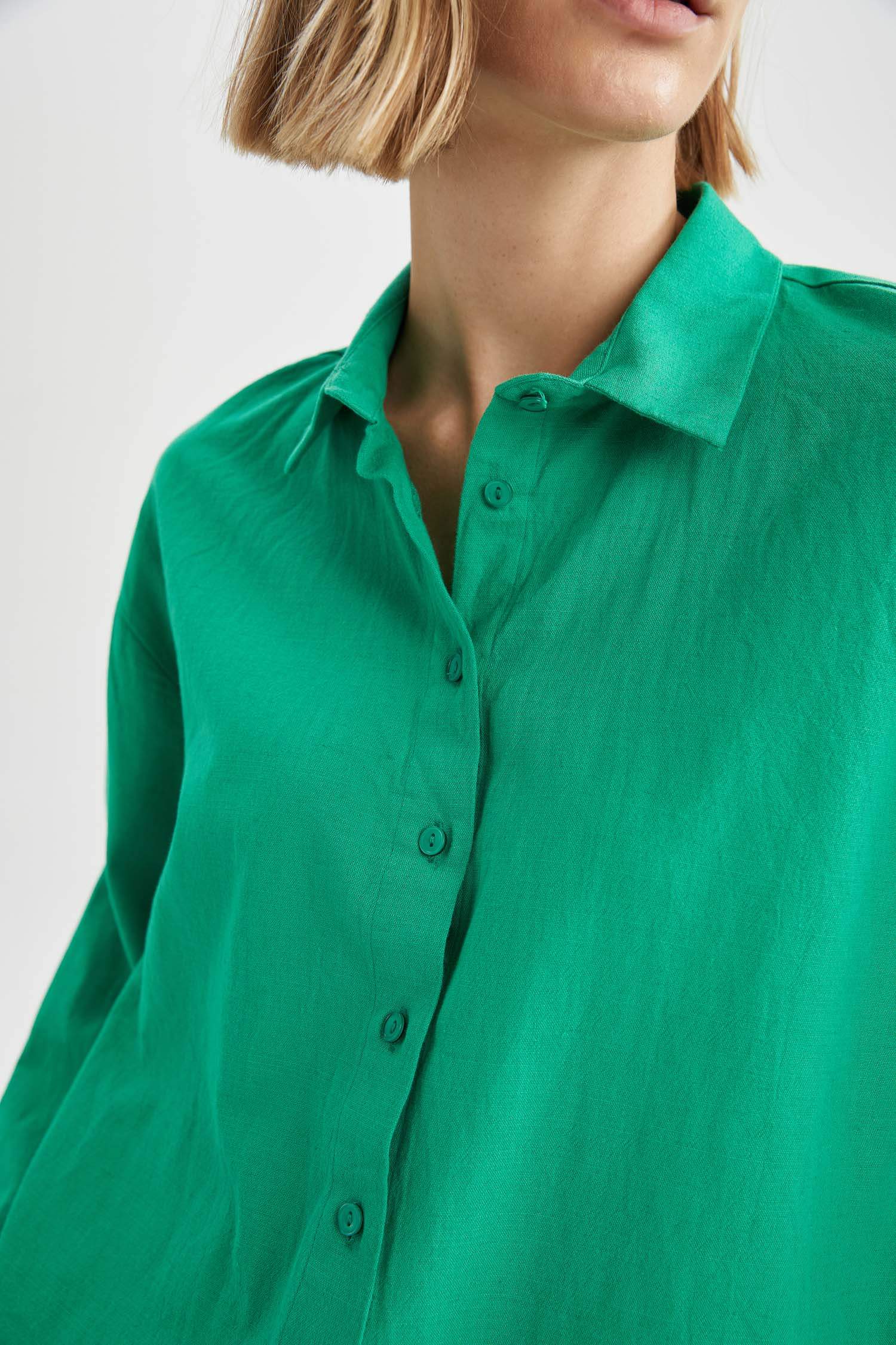 Basic Oversize Fit Keten Görünümlü Gömlek