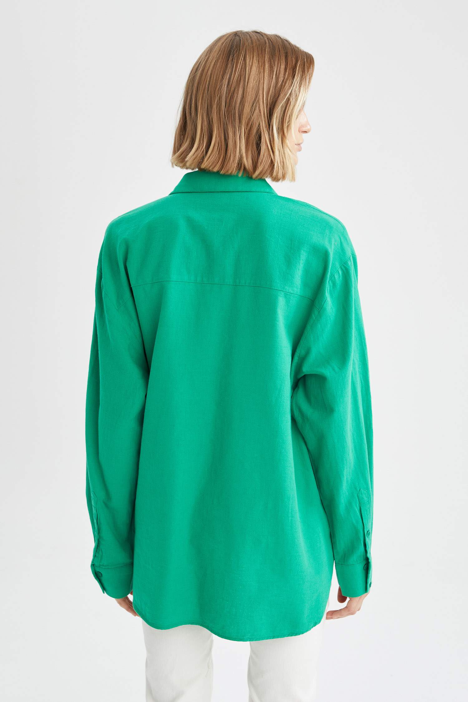 Basic Oversize Fit Keten Görünümlü Gömlek