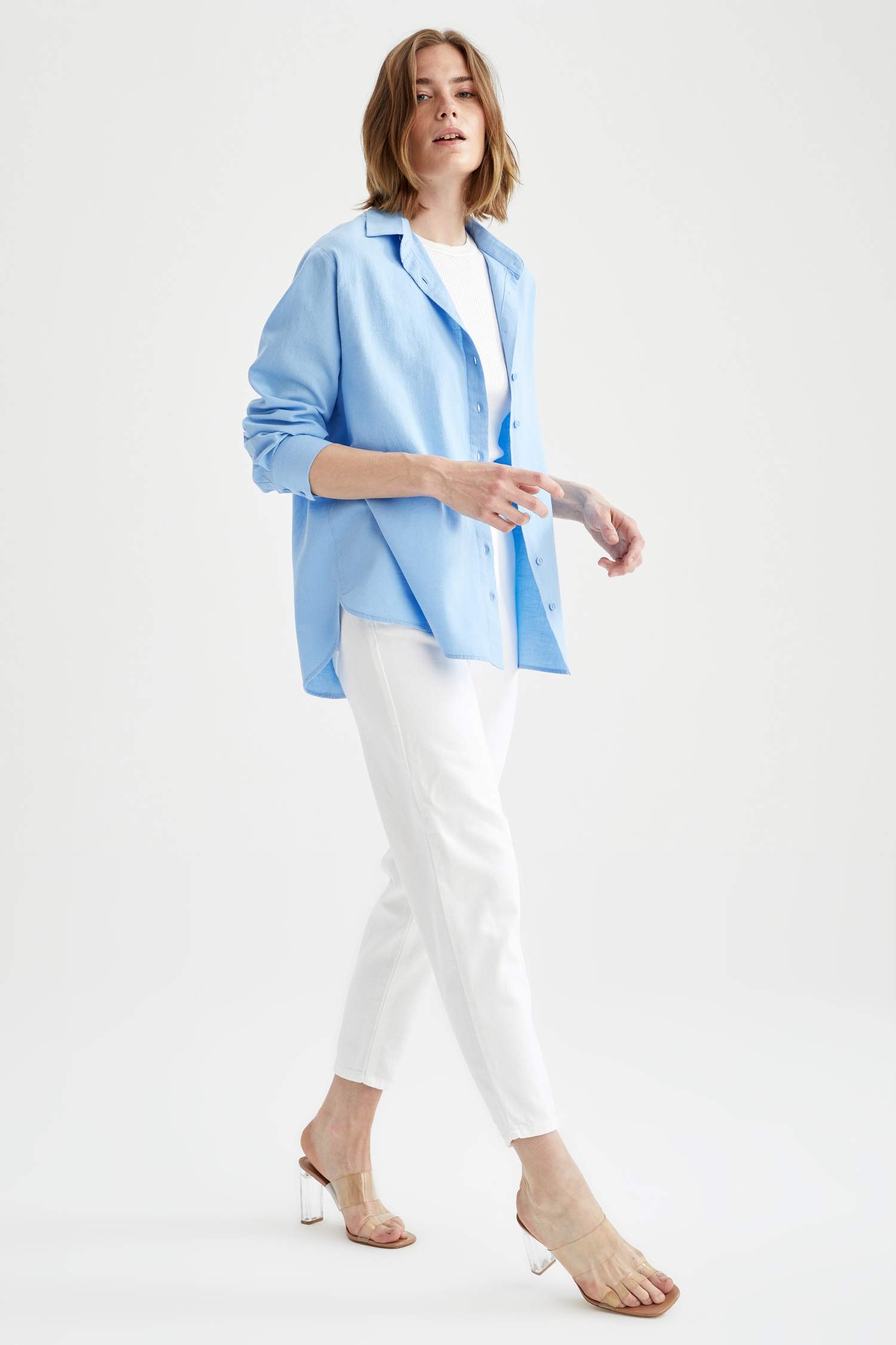 Oversize Fit Basic Keten Görünümlü Gömlek