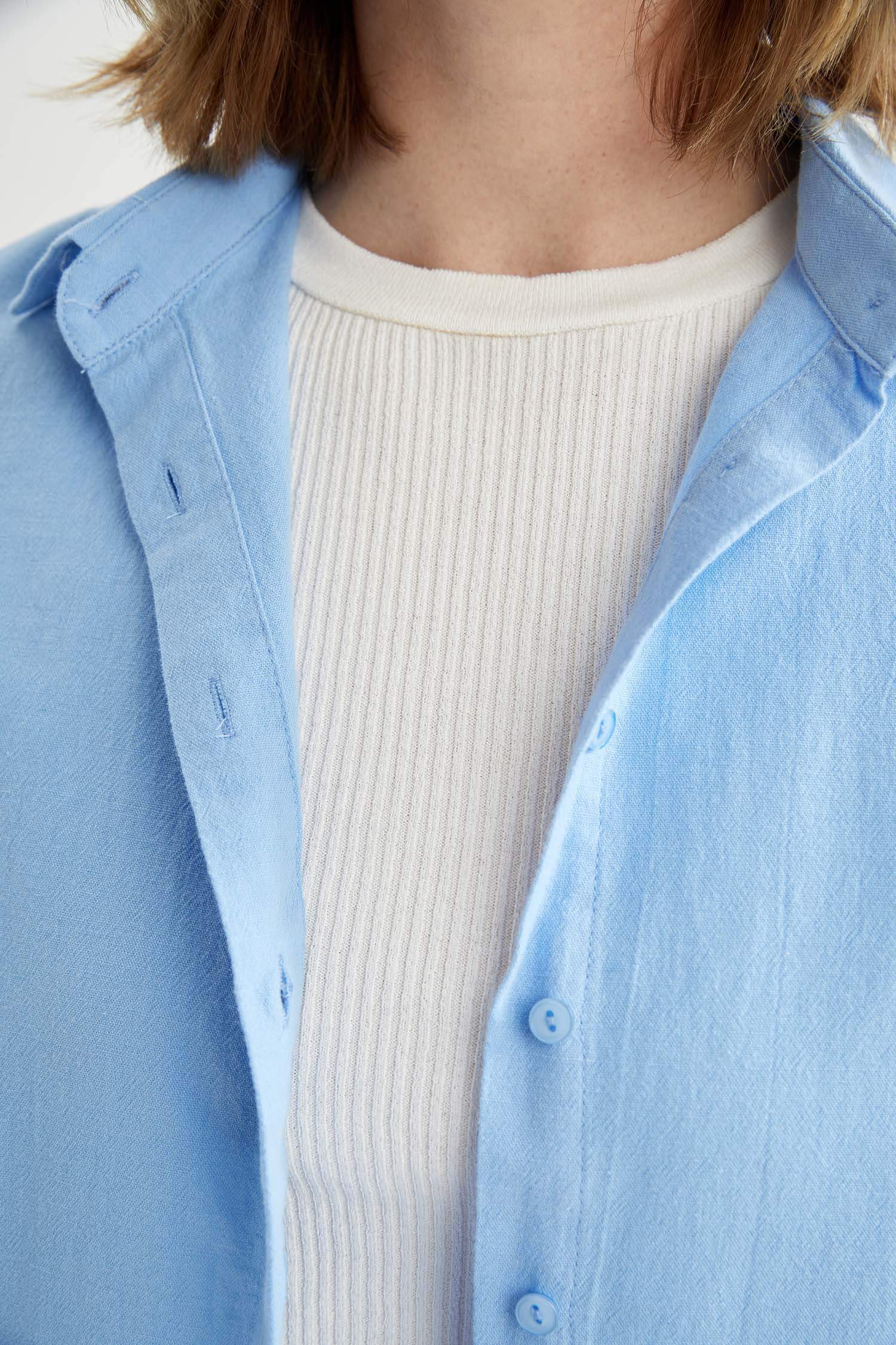 Oversize Fit Basic Keten Görünümlü Gömlek