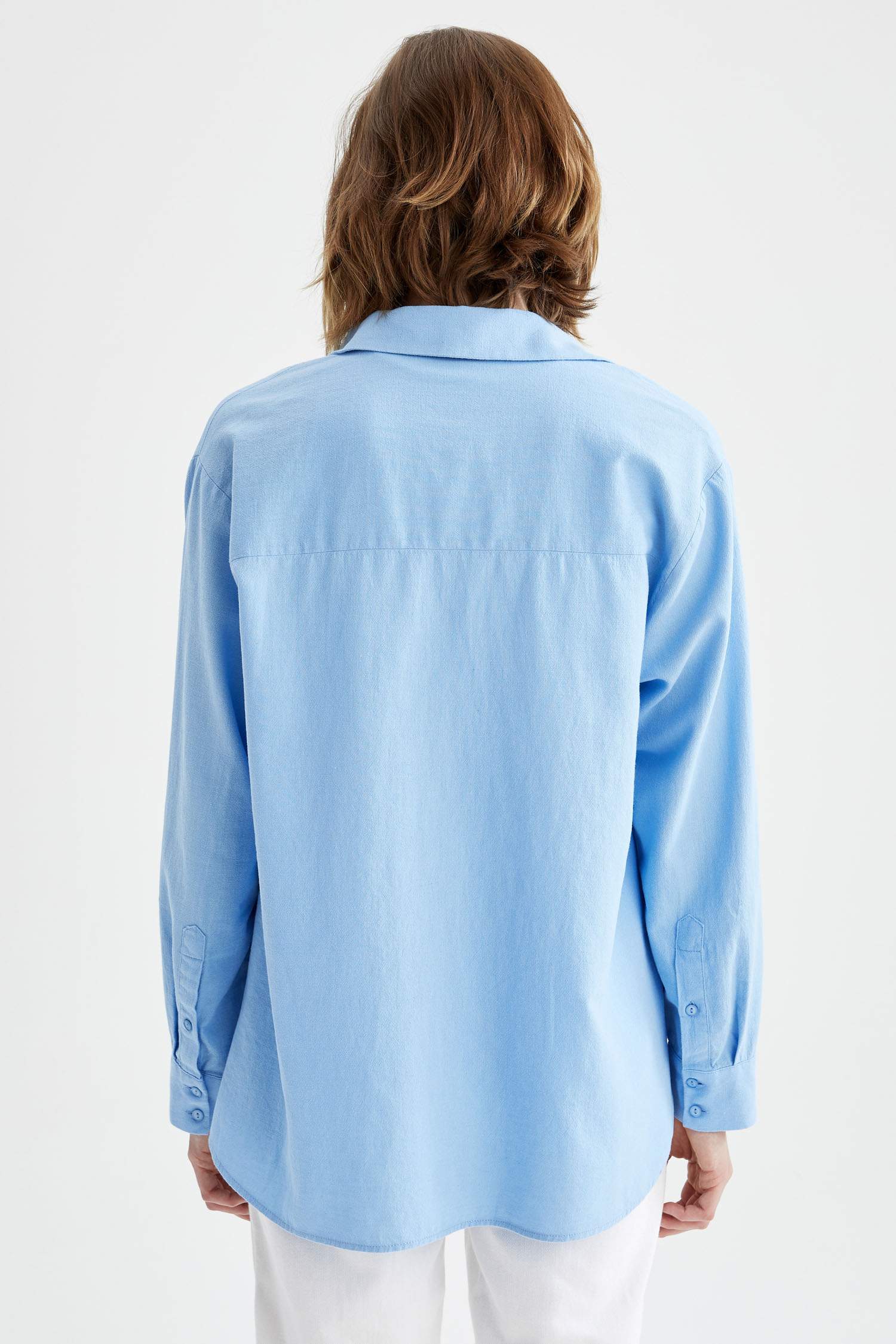 Oversize Fit Basic Keten Görünümlü Gömlek