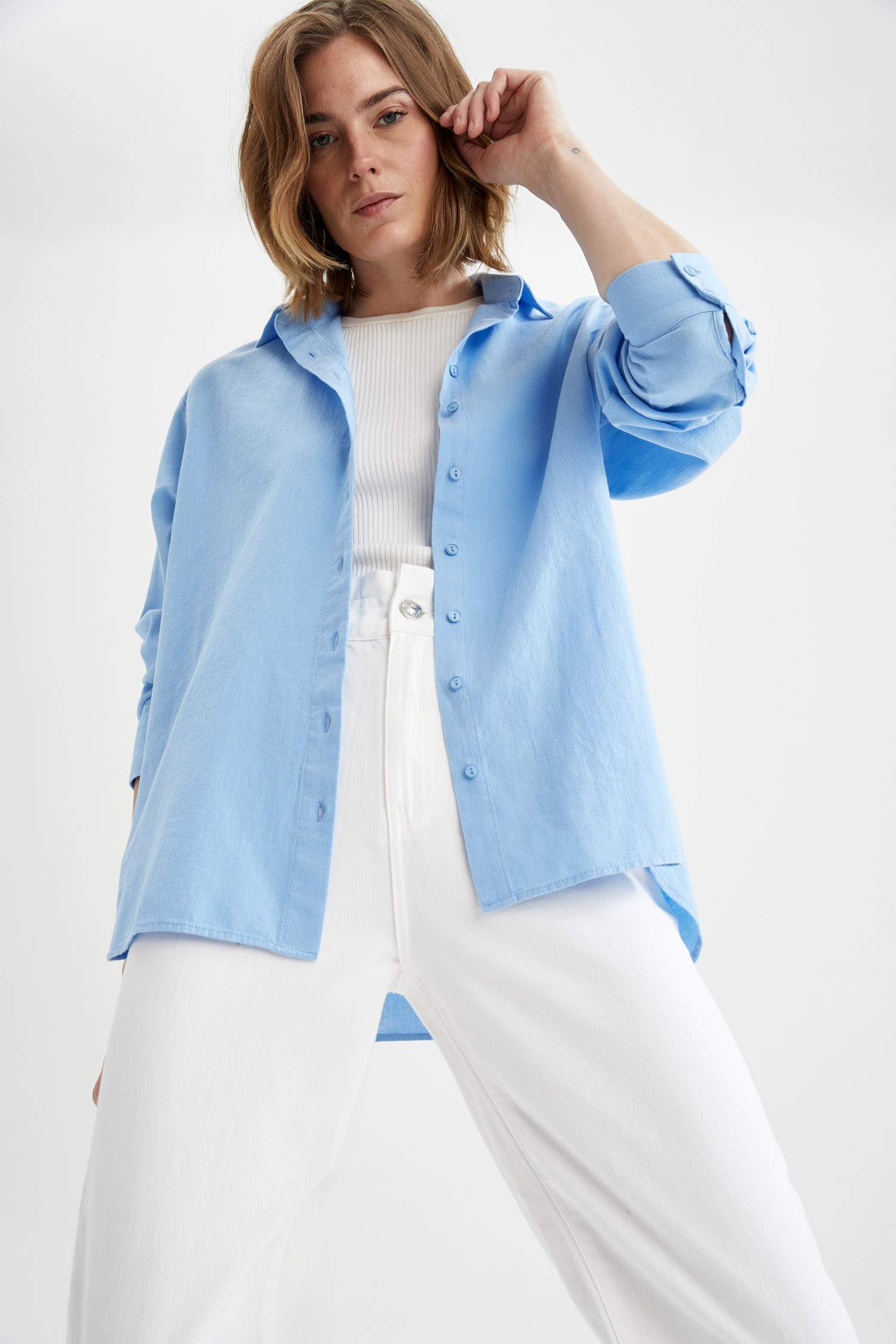Oversize Fit Basic Keten Görünümlü Gömlek