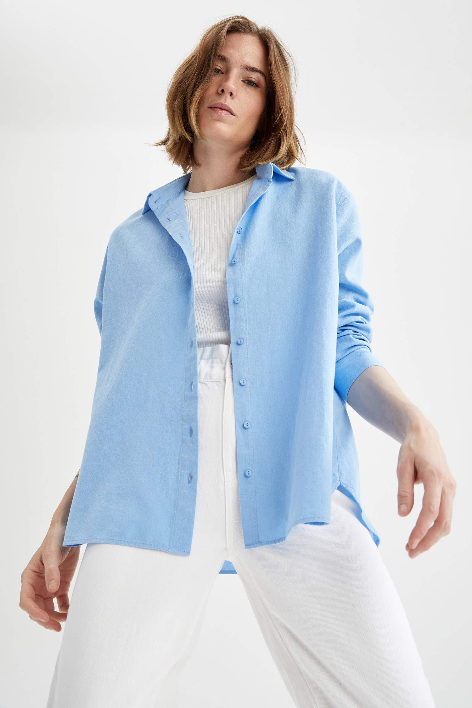 Oversize Fit Basic Keten Görünümlü Gömlek