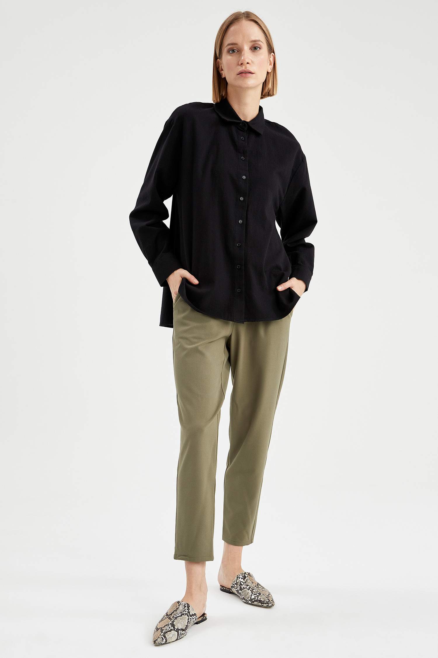 Basic Oversize Fit Keten Görünümlü Gömlek