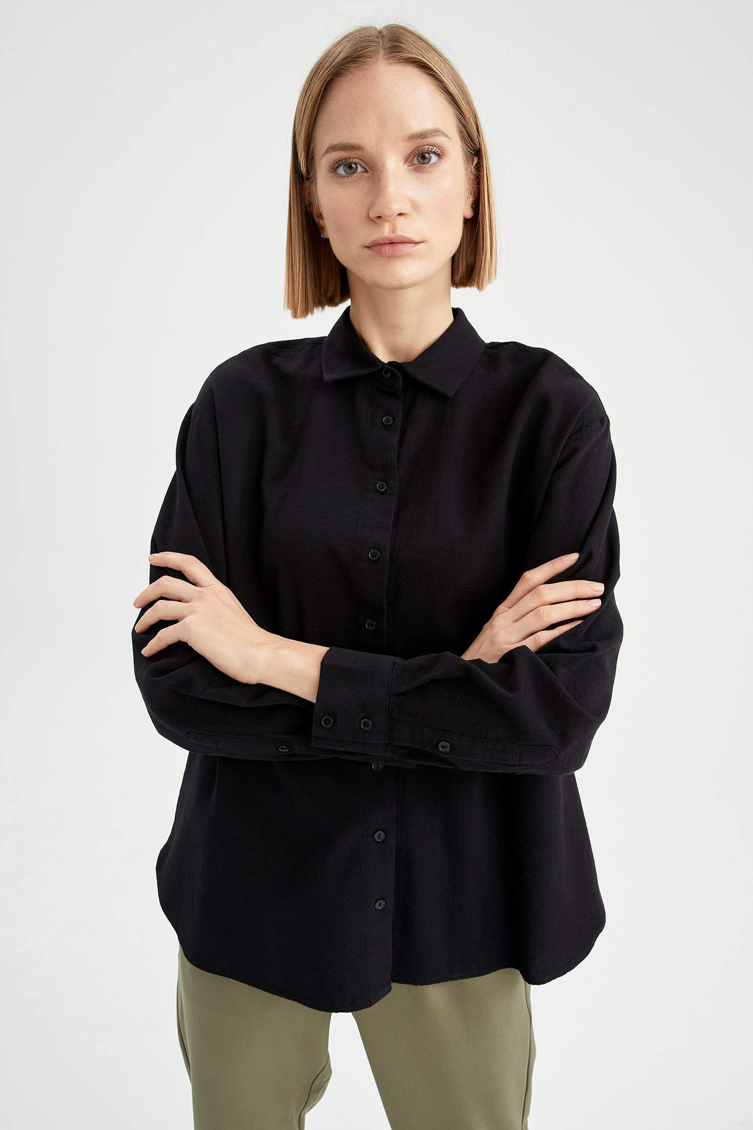 Basic Oversize Fit Keten Görünümlü Gömlek