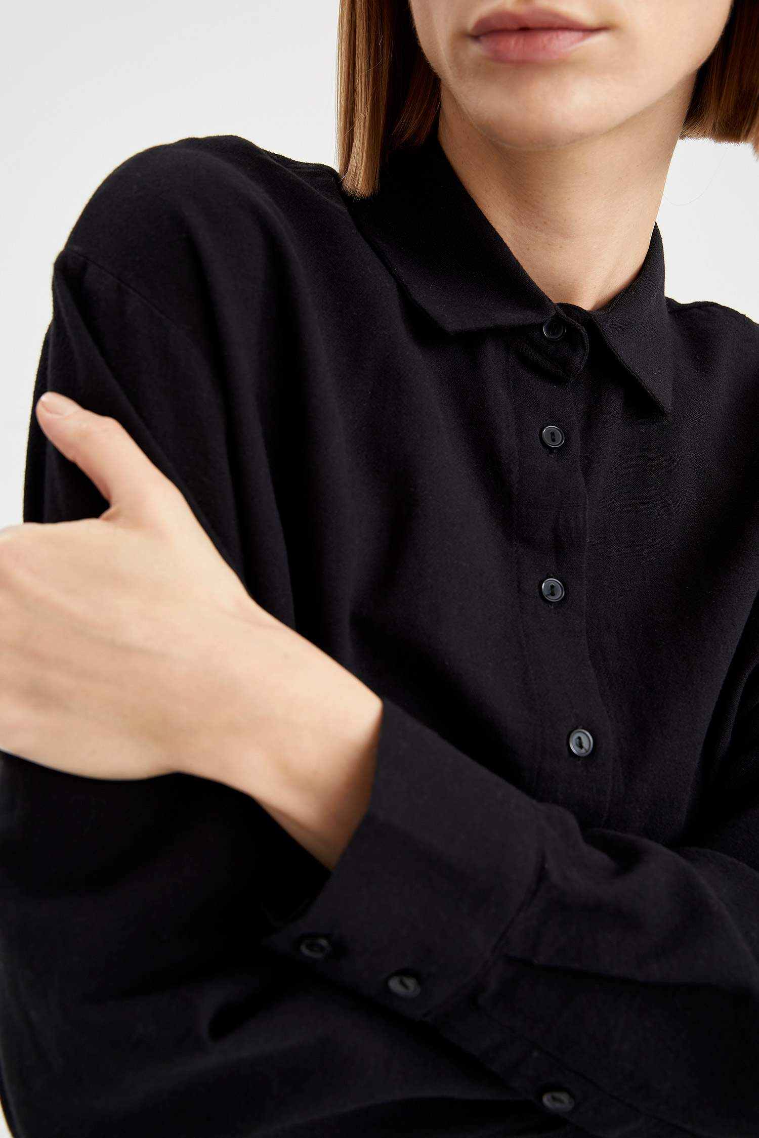 Basic Oversize Fit Keten Görünümlü Gömlek