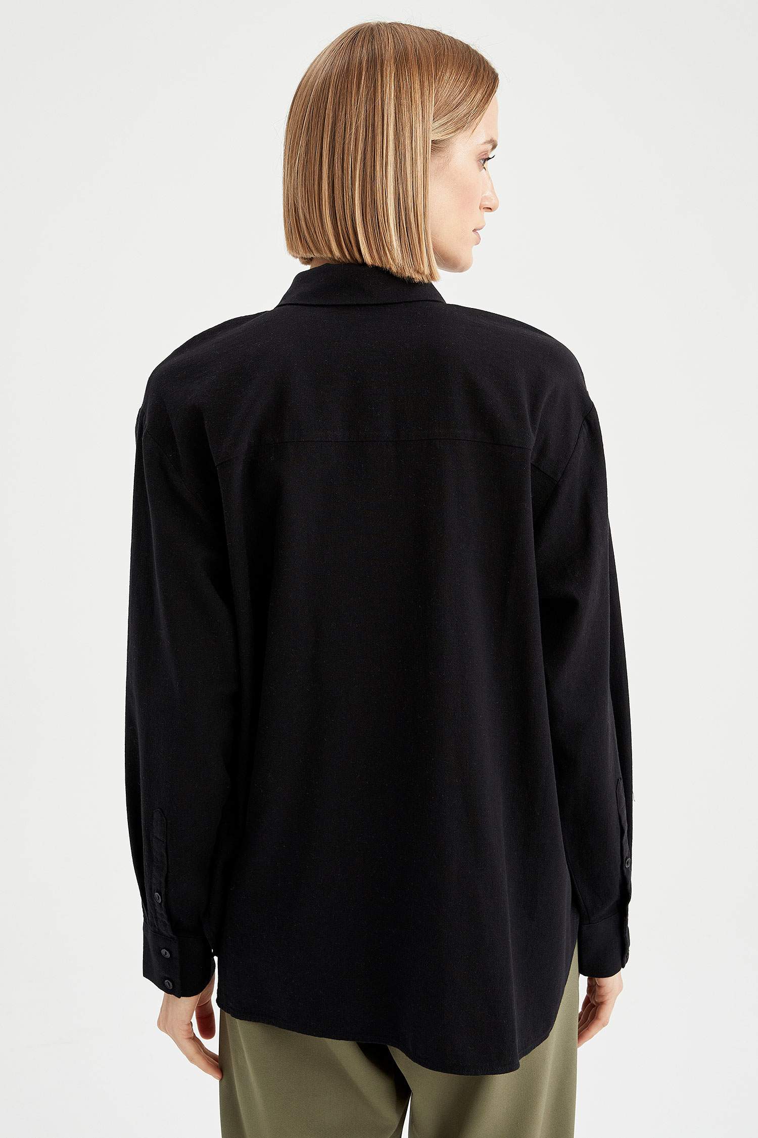 Basic Oversize Fit Keten Görünümlü Gömlek