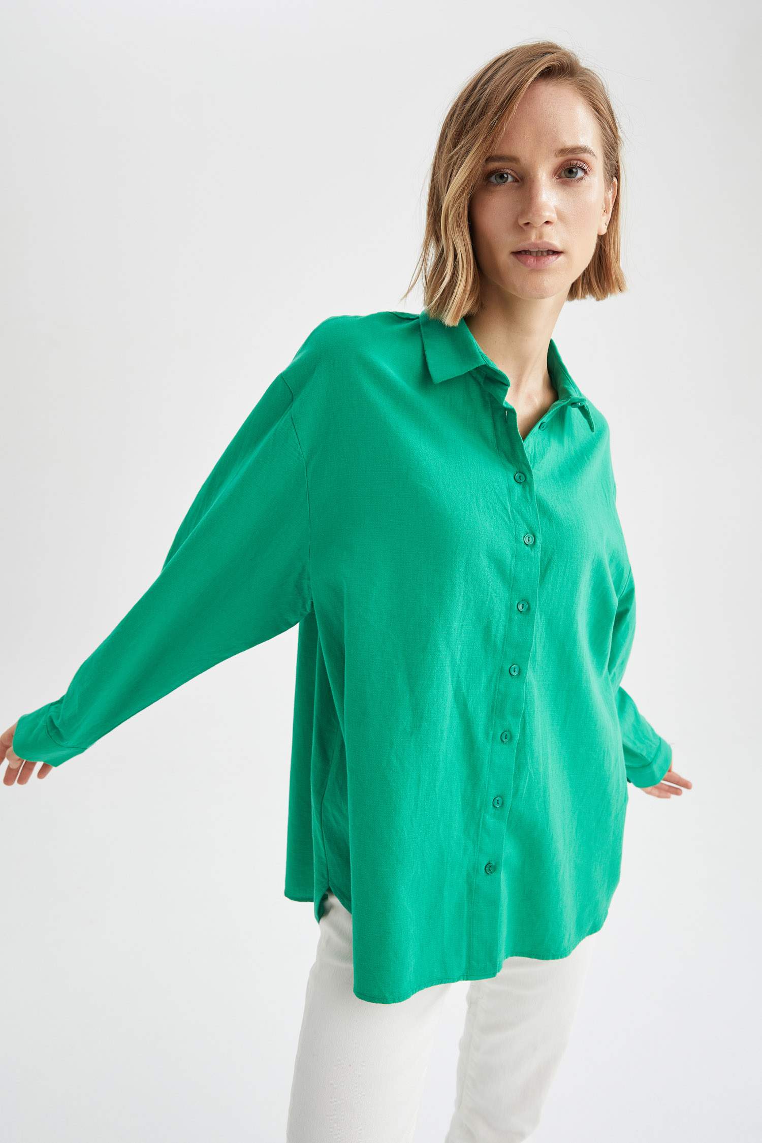 Basic Oversize Fit Keten Görünümlü Gömlek