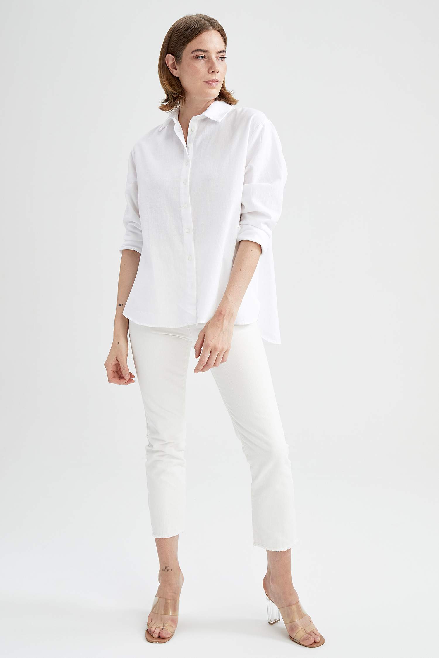 Basic Oversize Fit Keten Görünümlü Gömlek