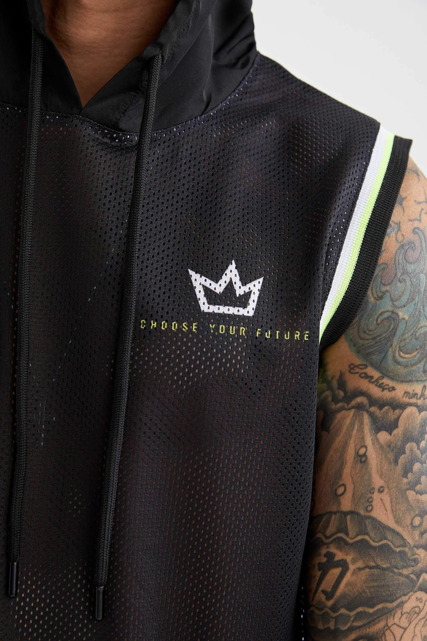 Oversize Fit Kapüşonlu Sırt Baskılı Kolsuz Spor Tişört