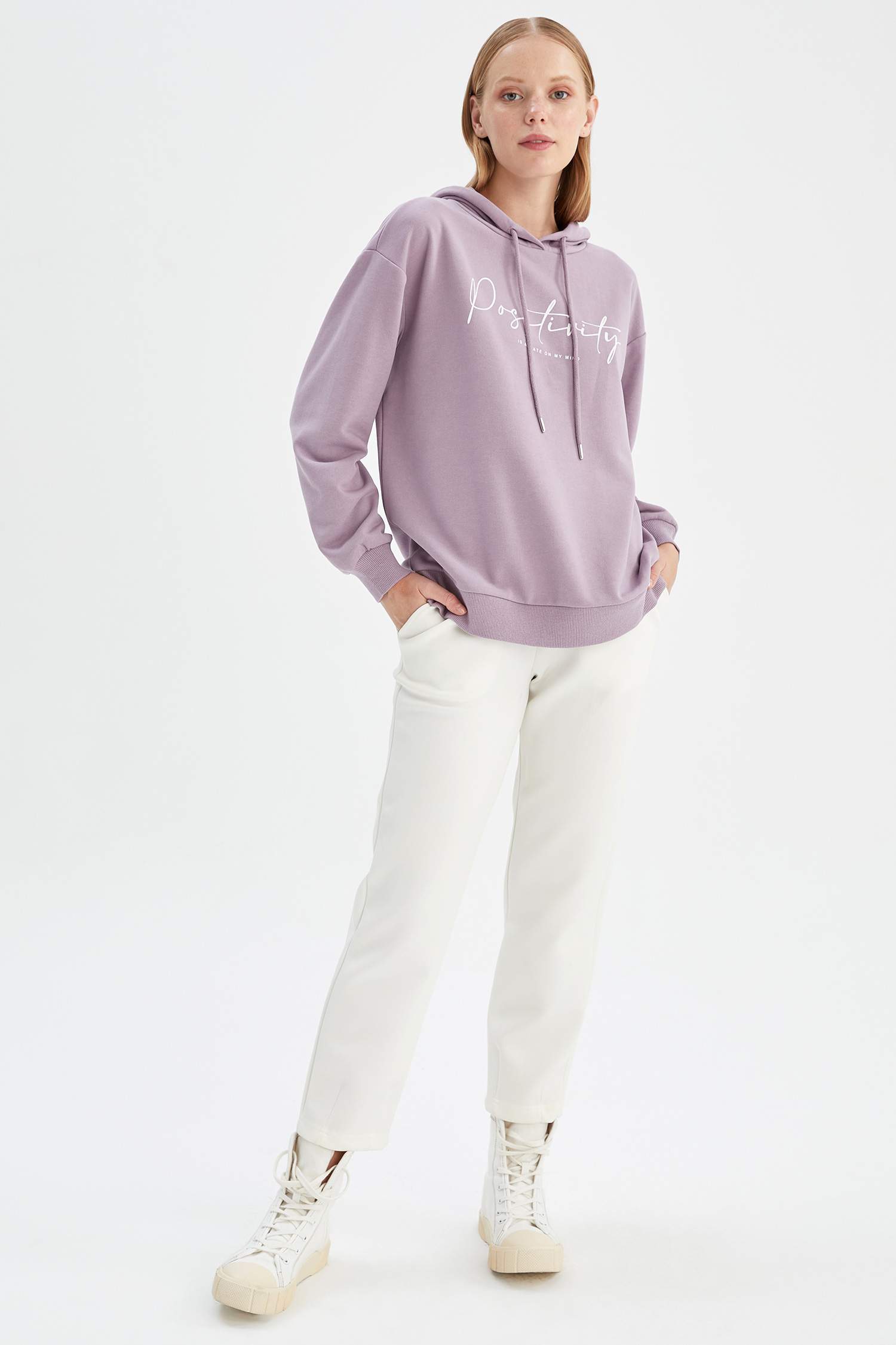 Slogan Baskılı Relax Fit Kapüşonlu İçi Yumuşak Tüylü Sweatshirt