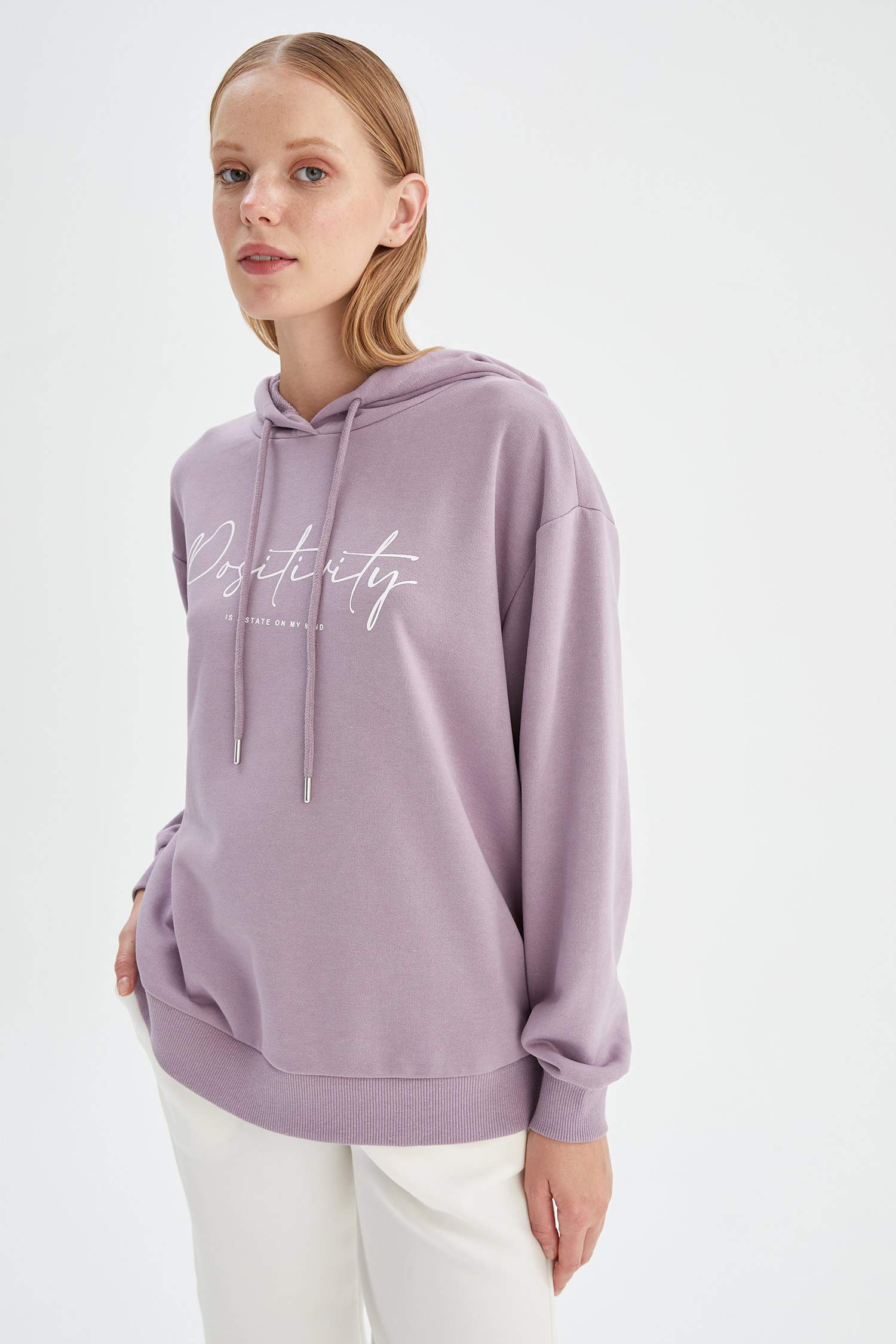 Slogan Baskılı Relax Fit Kapüşonlu İçi Yumuşak Tüylü Sweatshirt
