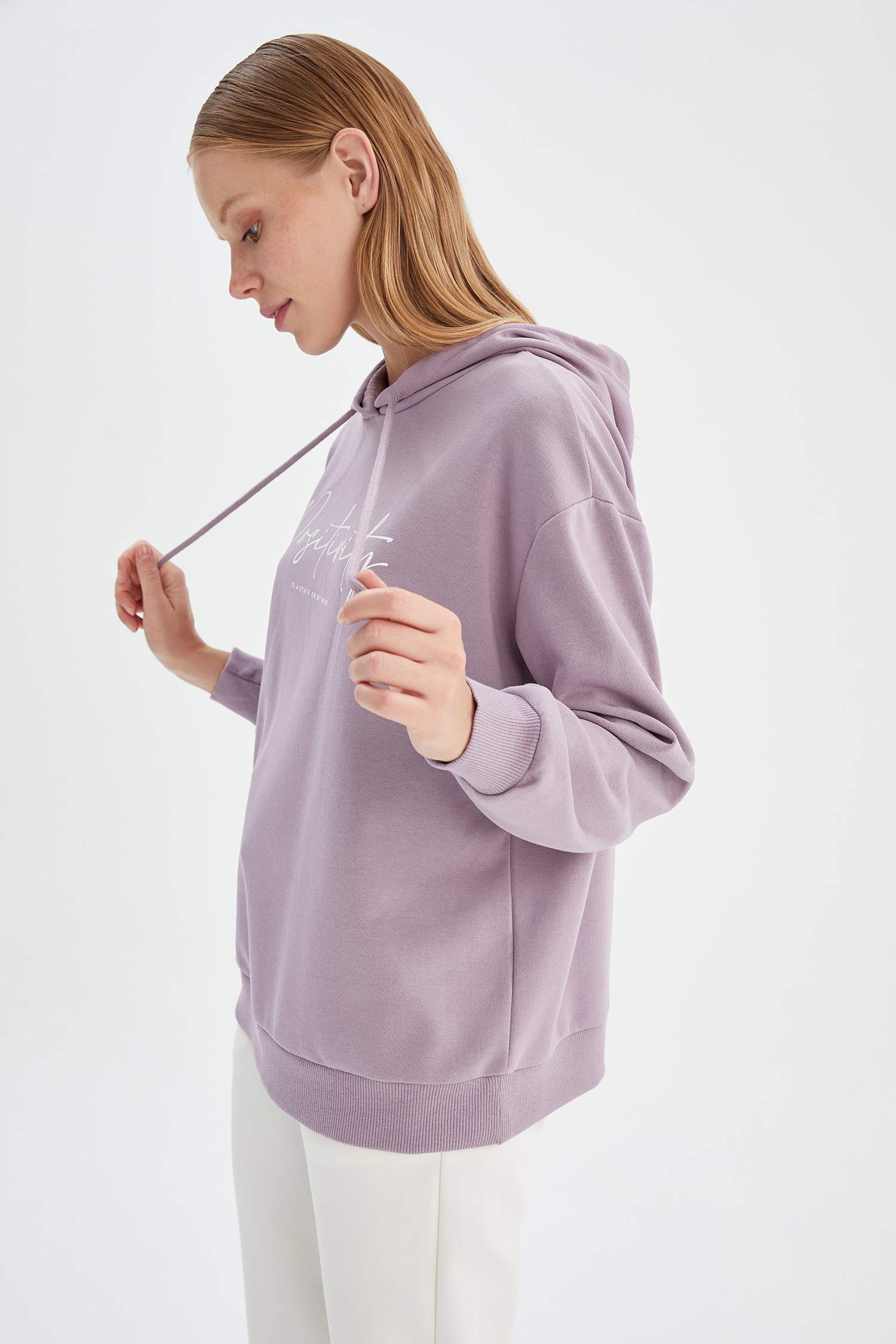 Slogan Baskılı Relax Fit Kapüşonlu İçi Yumuşak Tüylü Sweatshirt