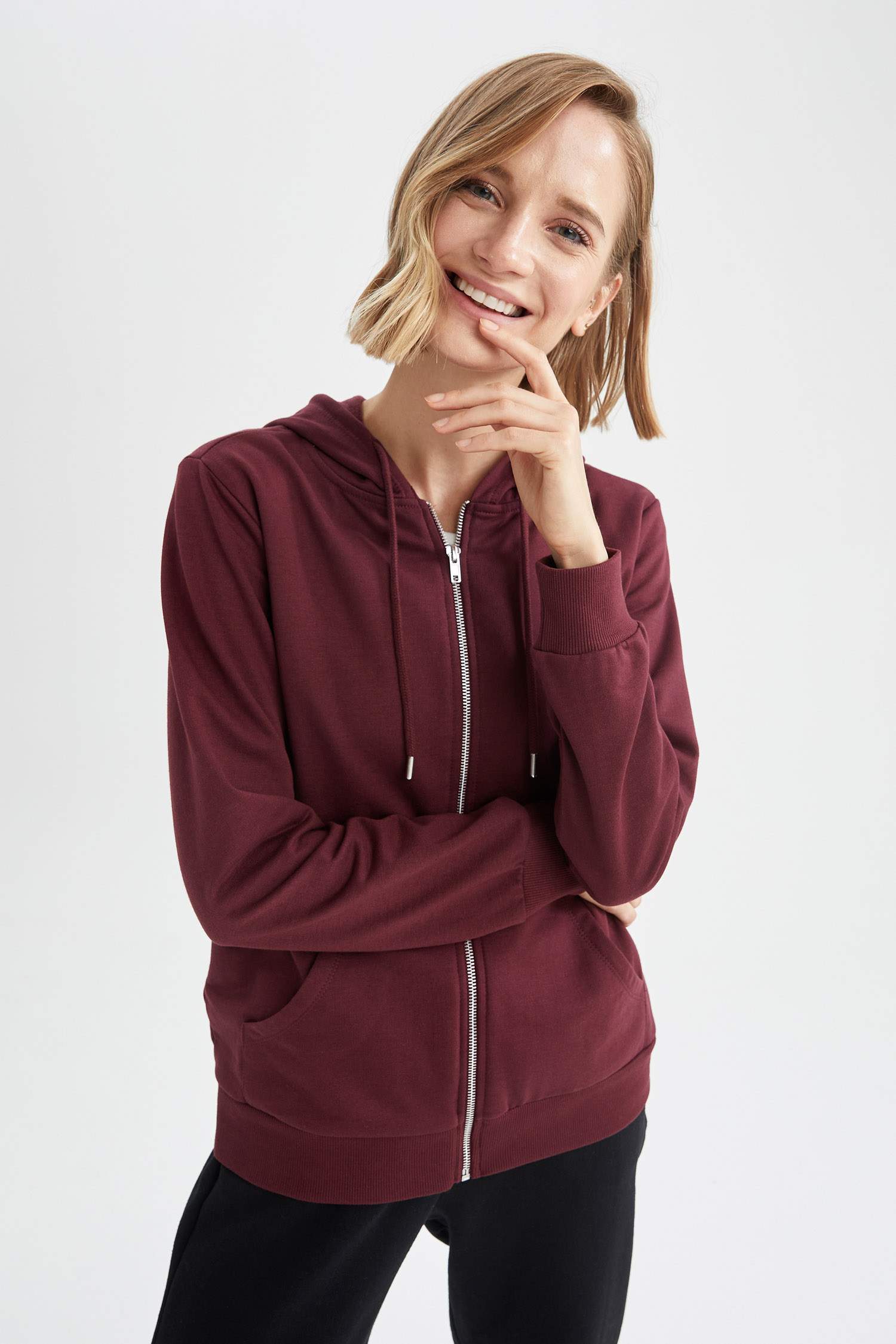 Regular Fit Basic Kapüşonlu Kanguru Cepli İçi Yumuşak Tüylü Sweat Hırka