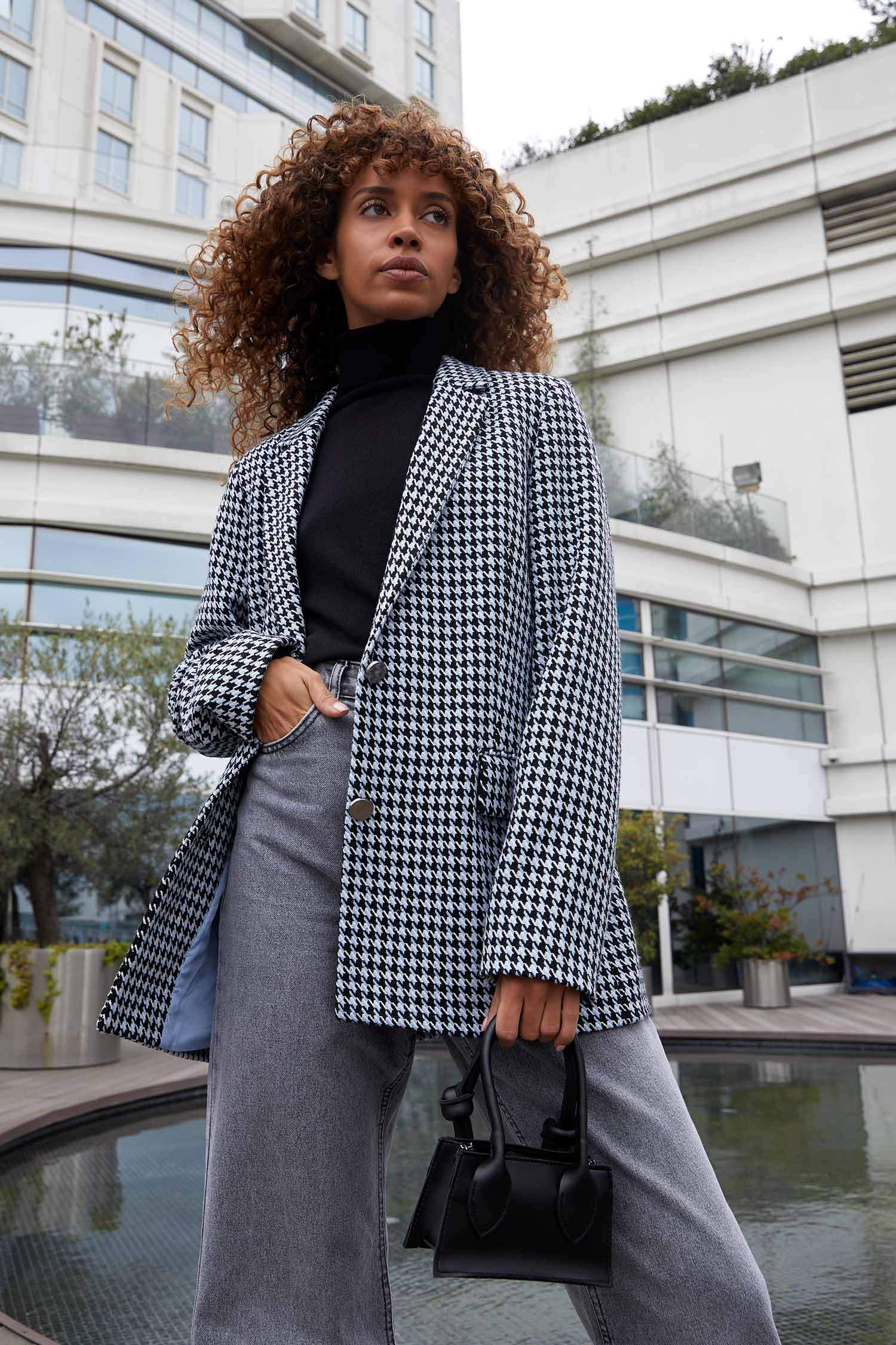 Relax Fit Kazayağı Desenli Dokulu Tüvit Blazer Ceket