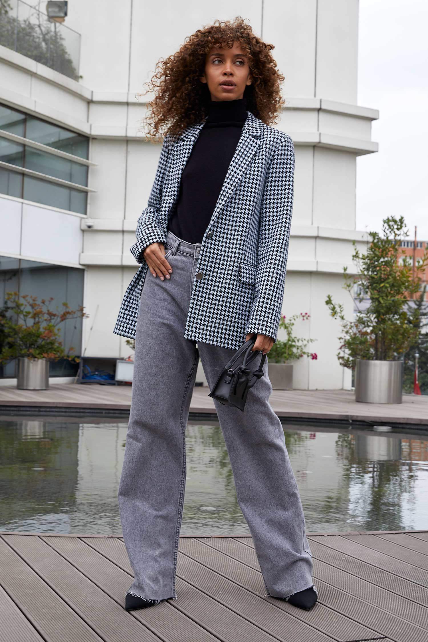 Relax Fit Kazayağı Desenli Dokulu Tüvit Blazer Ceket