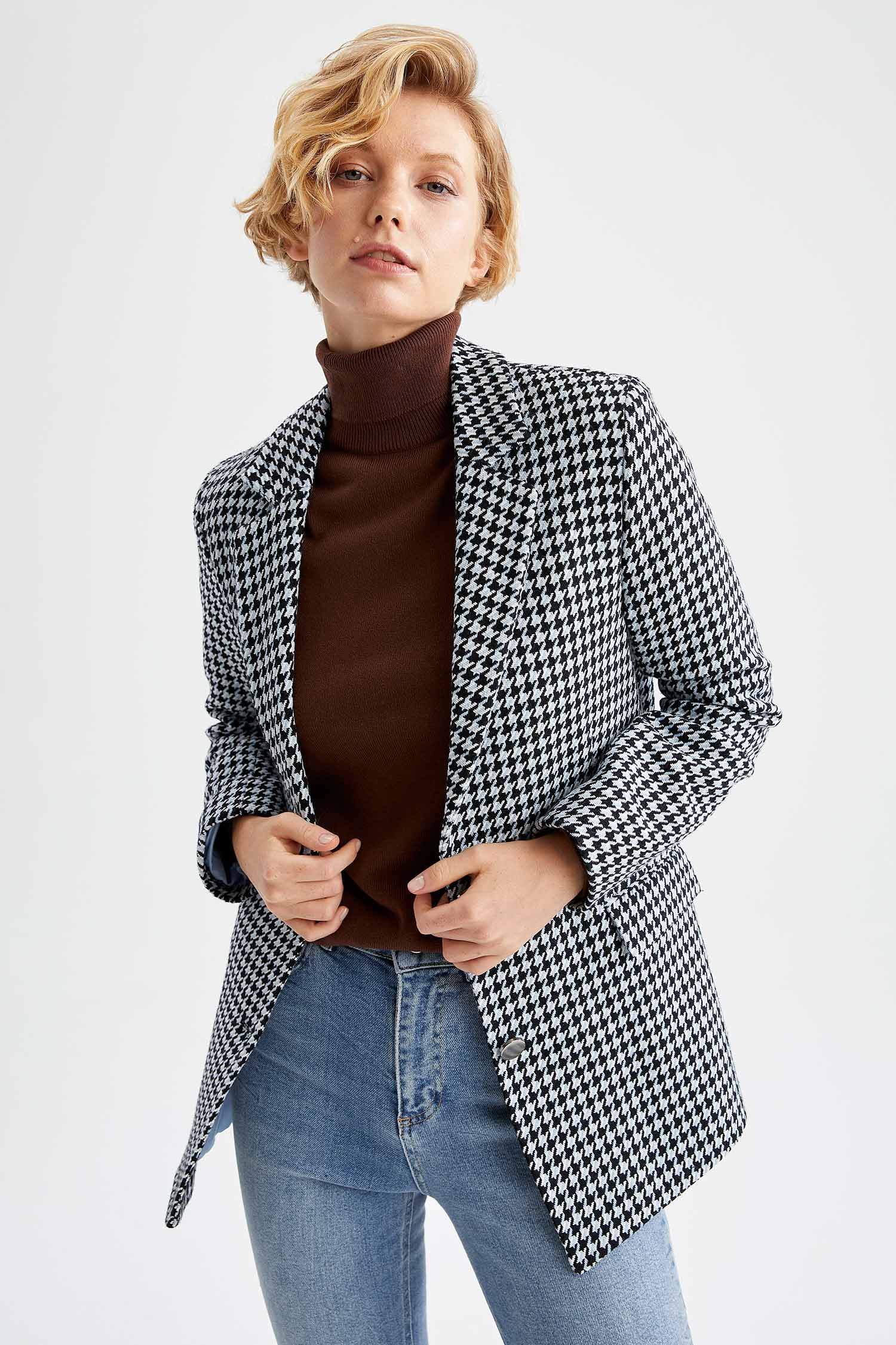 Relax Fit Kazayağı Desenli Dokulu Tüvit Blazer Ceket