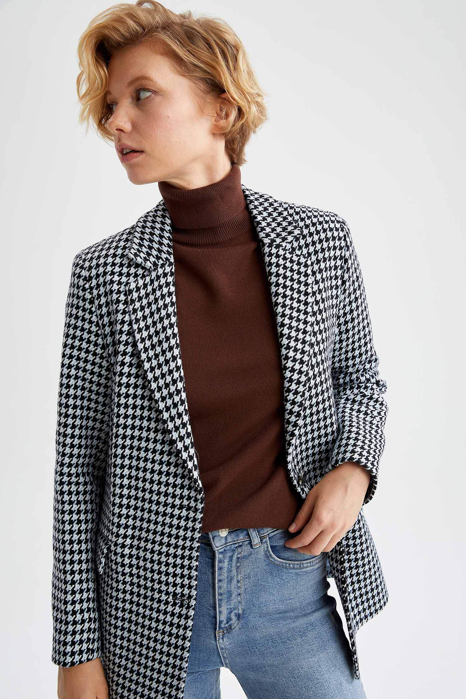 Relax Fit Kazayağı Desenli Dokulu Tüvit Blazer Ceket