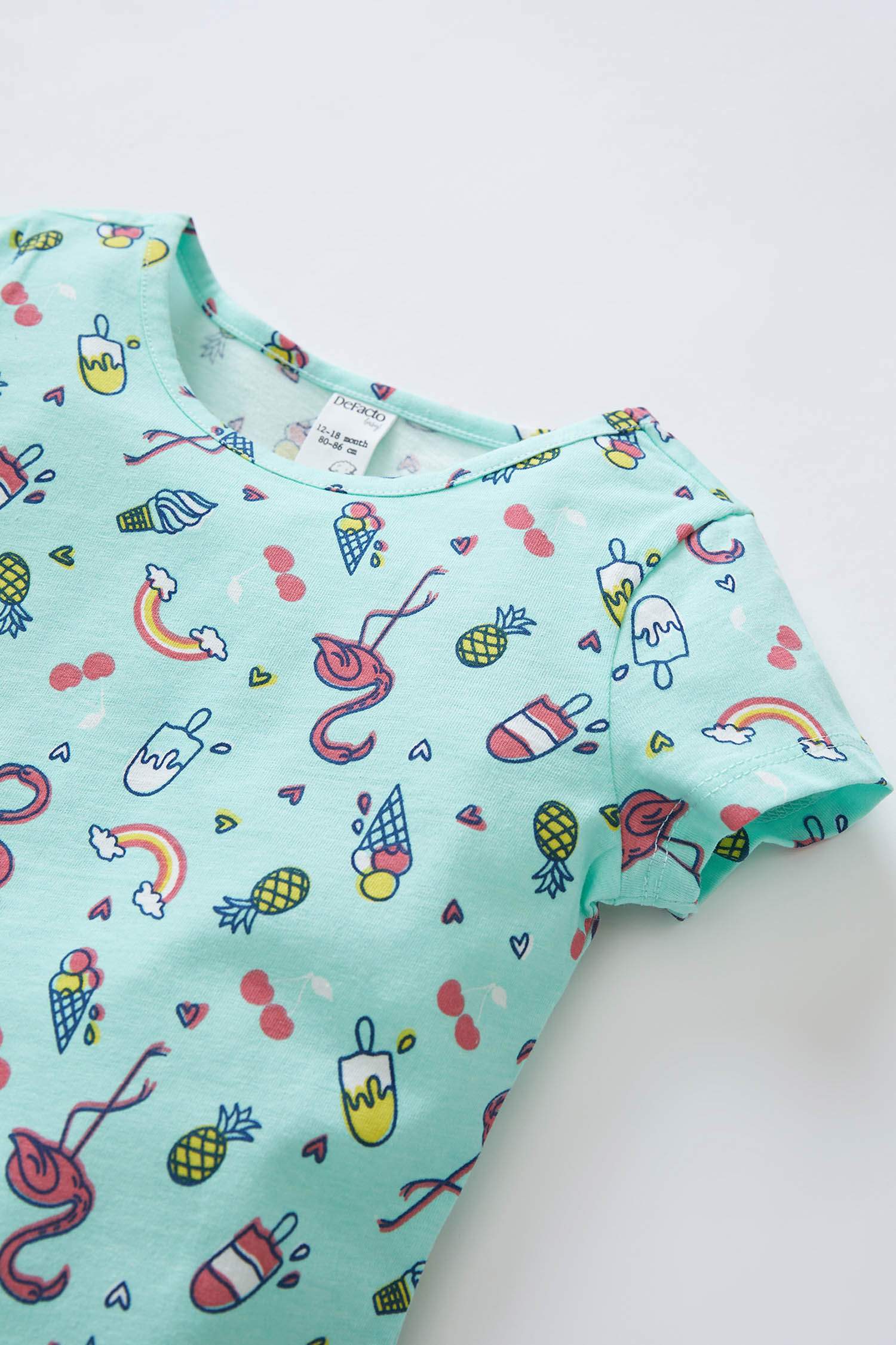 Kız Bebek Flamingo Desenli Kısa Kollu Pamuklu Pijama Takımı