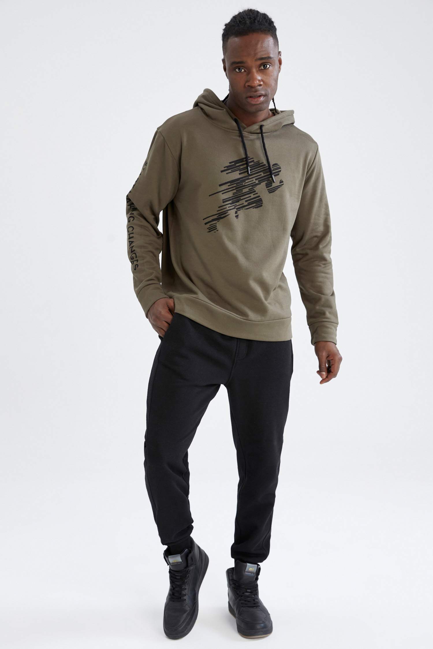 Standart Fit Kapüşonlu Slogan Baskılı İçi Yumuşak Tüylü Sweatshirt
