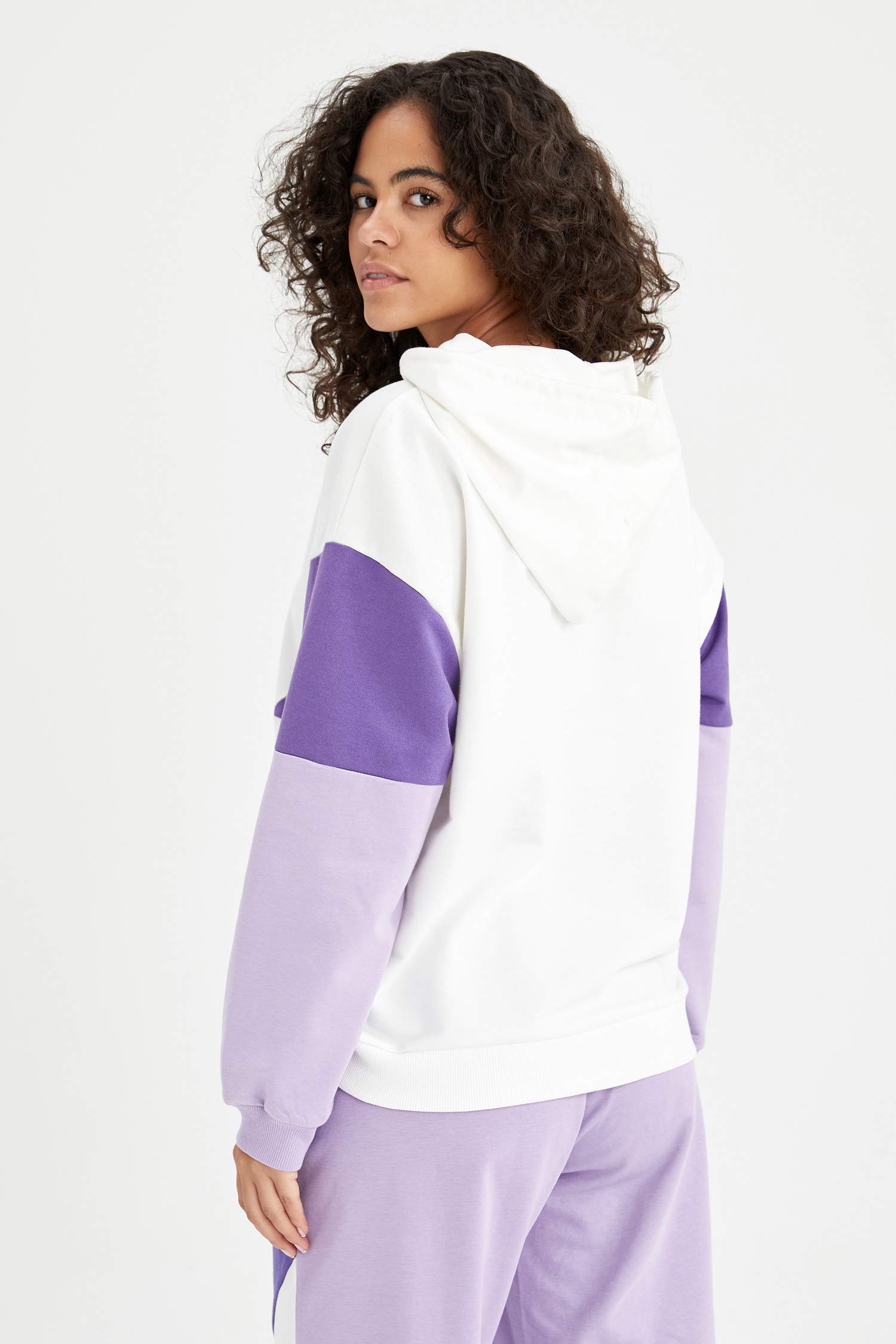 Renk Bloklu Kapüşonlu Yazı Baskılı İçi Yumuşak Tüylü Spor Sweatshirt