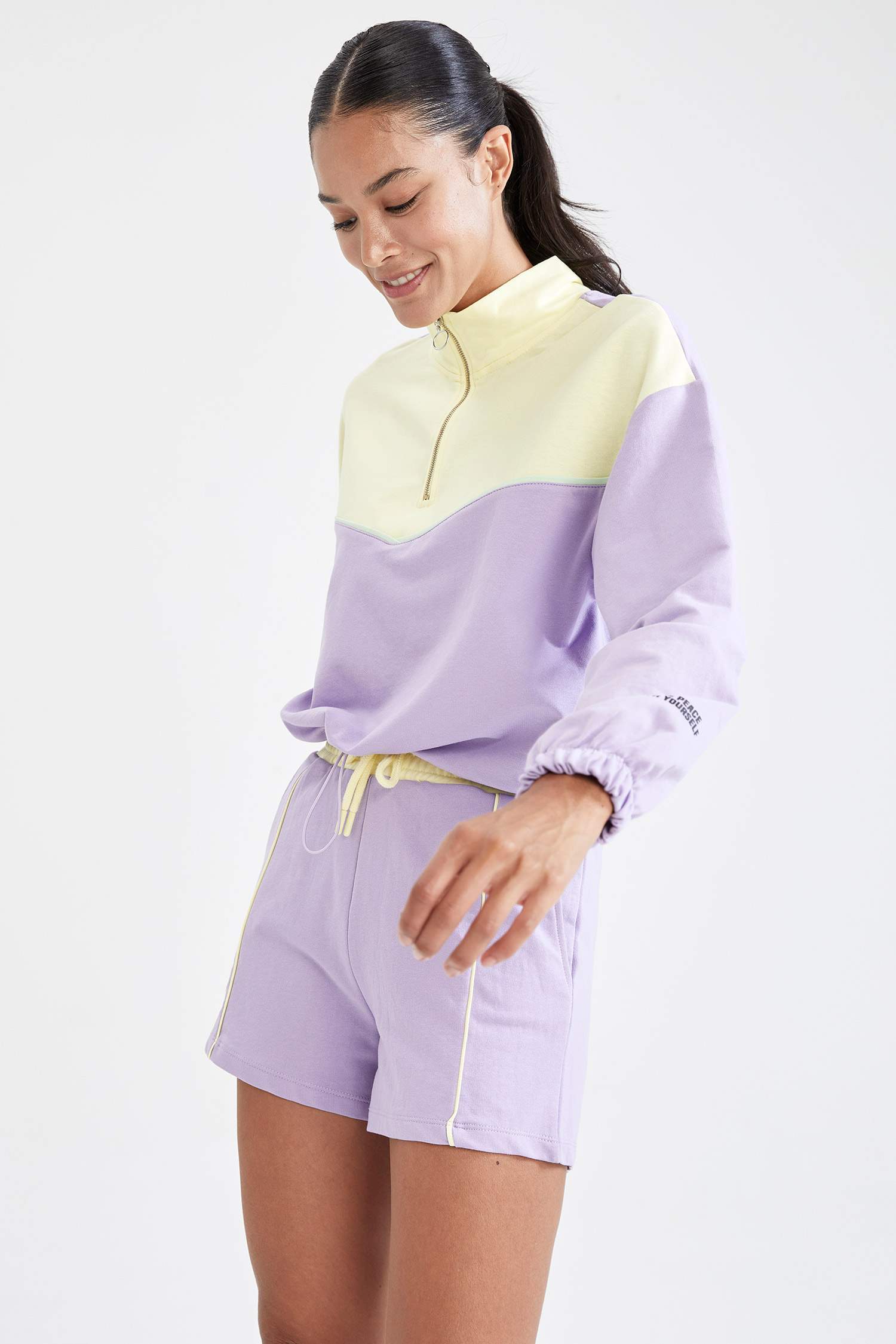 Renk Bloklu Yarım Fermuarlı Sweatshirt