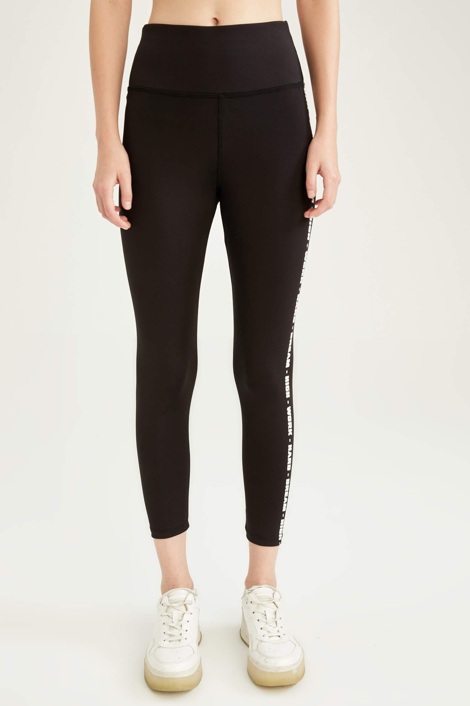 Slogan Baskılı Şerit Detaylı Slim Fit Yüksek Bel Spor Tayt