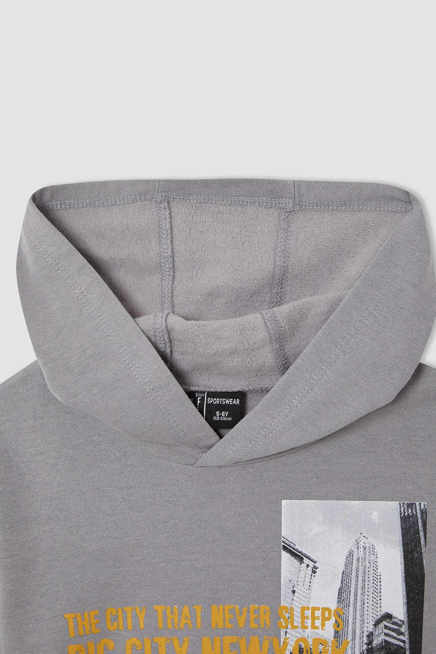 Erkek Çocuk Regular Fit Kapüşonlu Baskılı Kanguru Cepli İçi Yumuşak Tüylü Sweatshirt