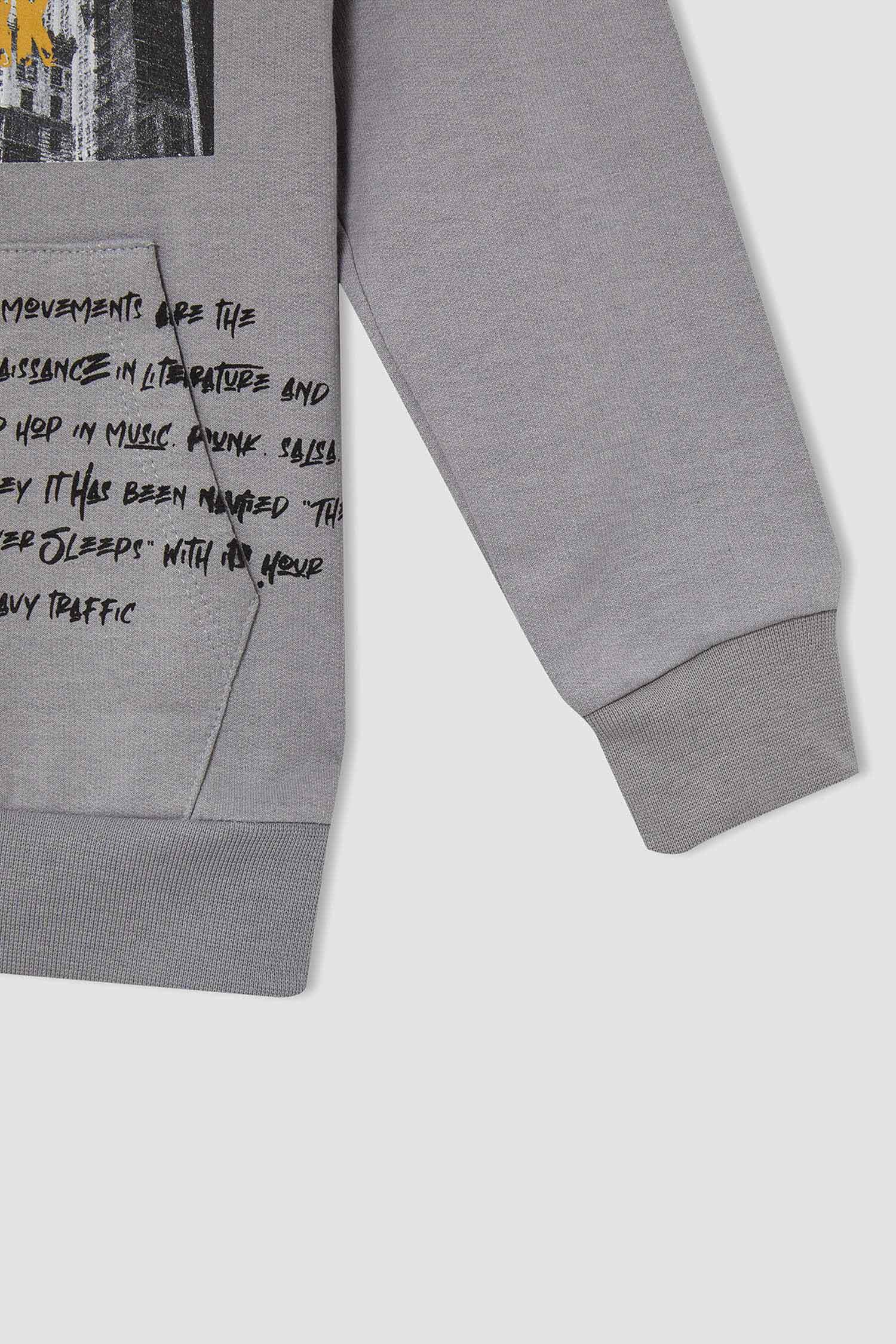 Erkek Çocuk Regular Fit Kapüşonlu Baskılı Kanguru Cepli İçi Yumuşak Tüylü Sweatshirt