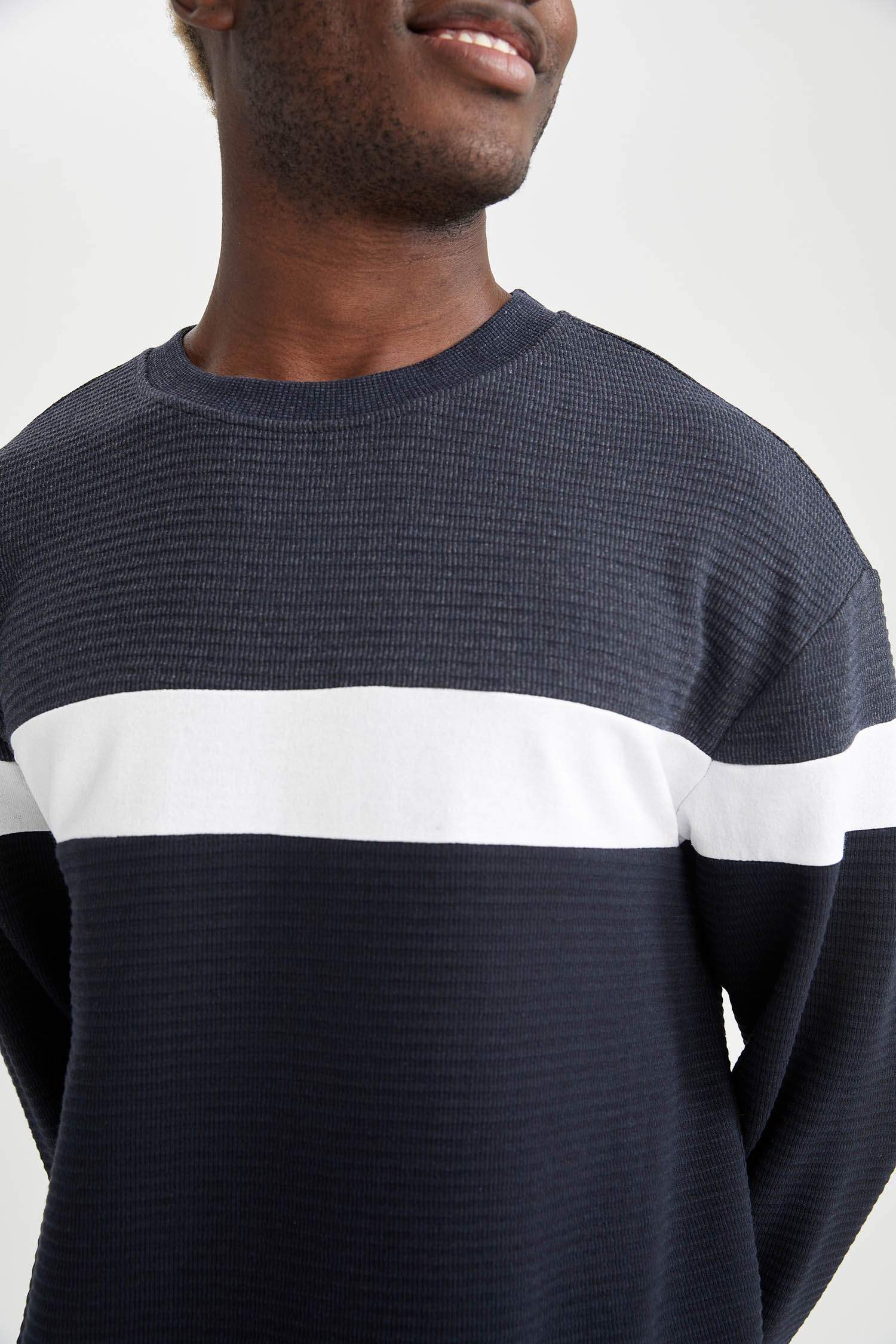 Comfort Fit Bisiklet Yaka Renk Bloklu Uzun Kollu Sweatshirt
