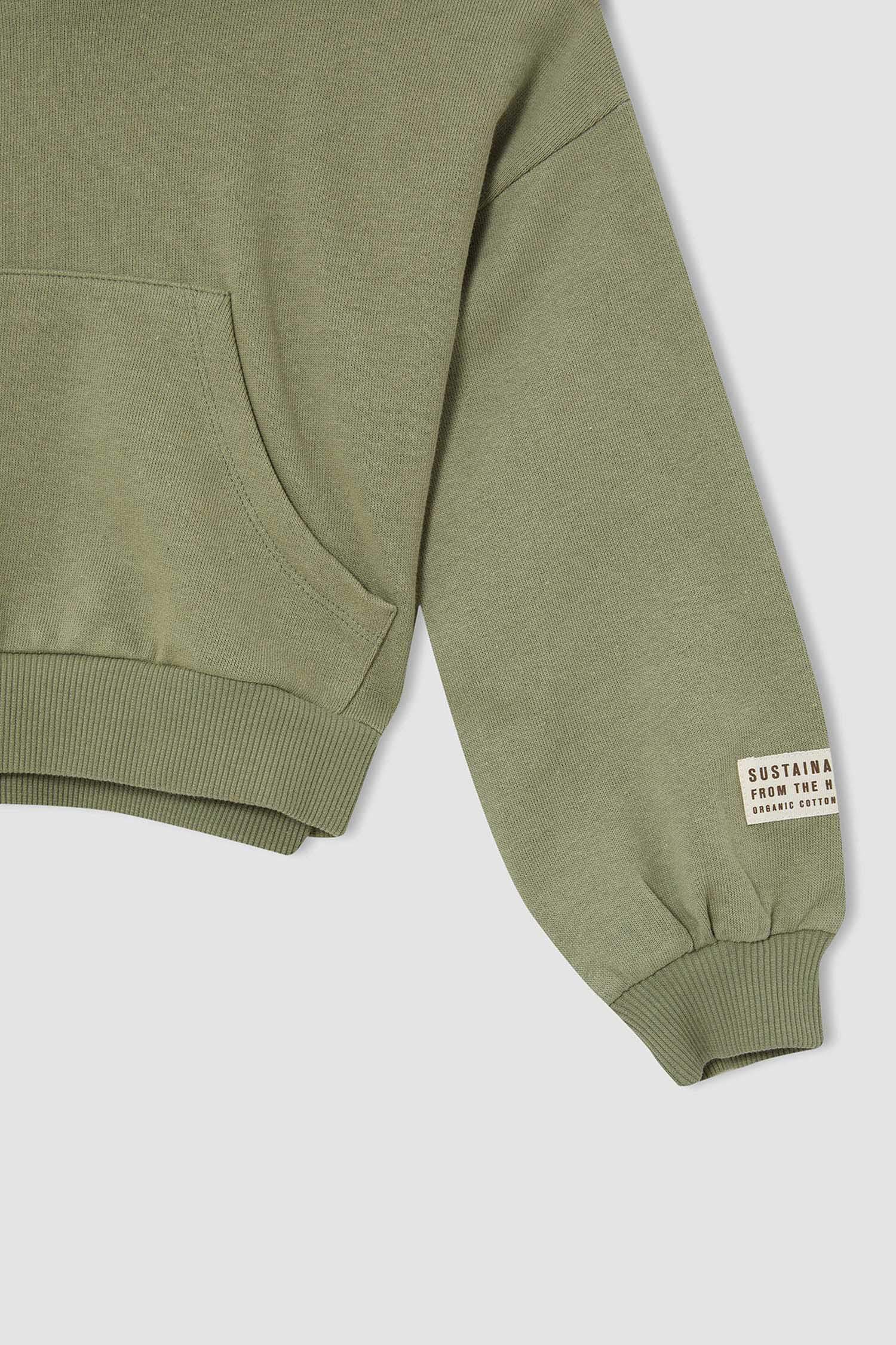 Kız Çocuk Crop Kapüşonlu Baskılı Kanguru Cepli Sweatshirt