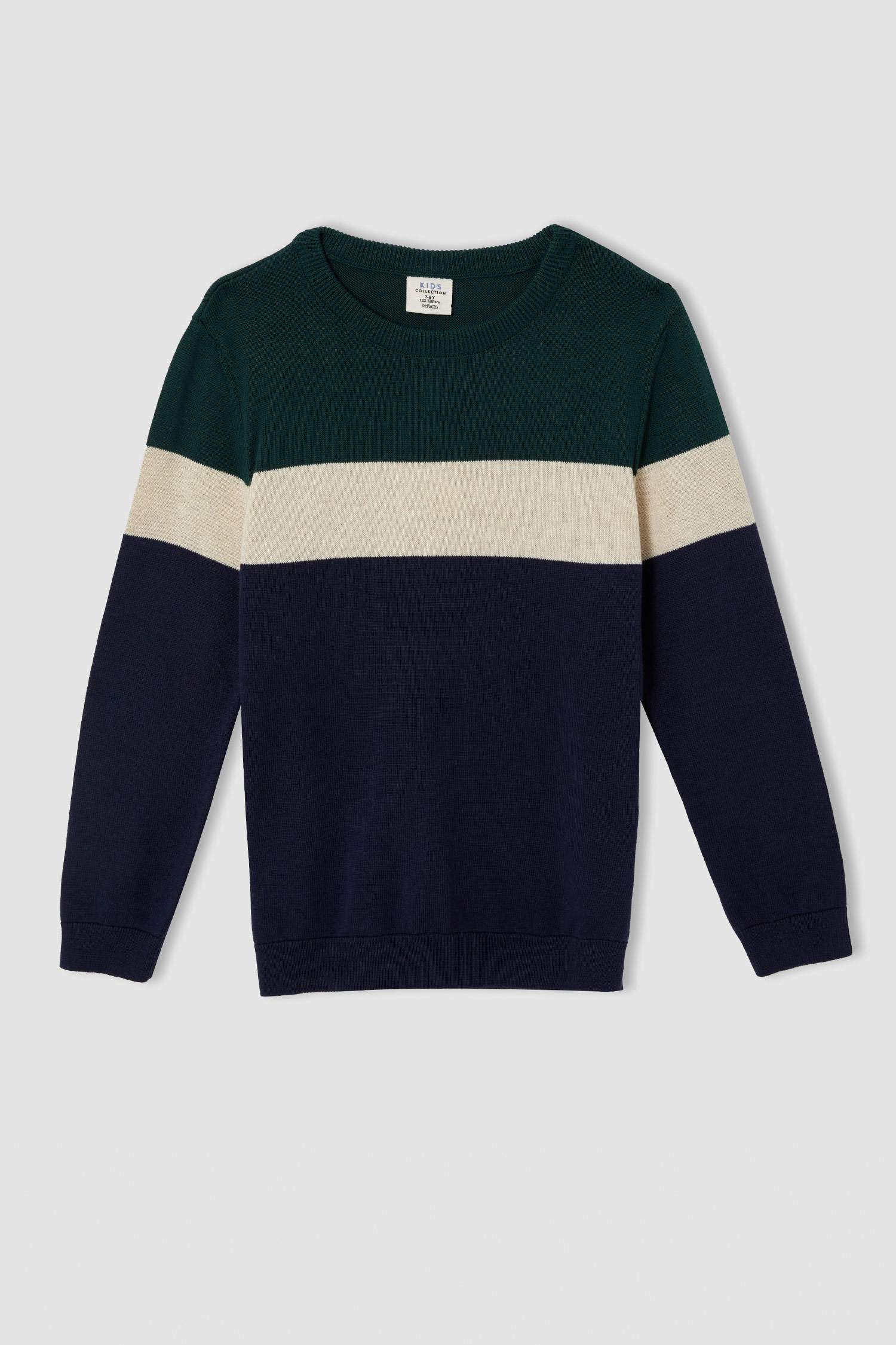 Erkek Çocuk Slim Fit Bisiklet Yaka Renk Bloklu Triko Kazak
