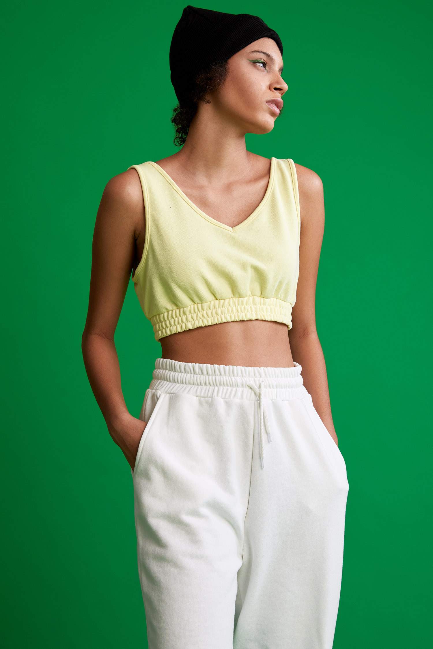 Askılı V Yaka Beli Büzgülü Crop Atlet