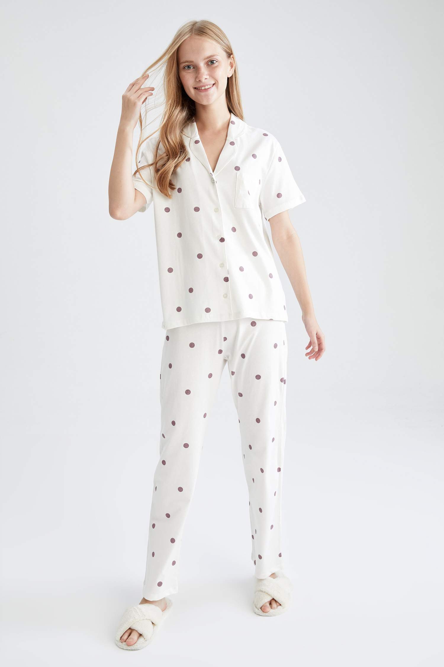 Gömlek Yaka Desenli Relax Fit Kısa Kollu Pijama Takımı