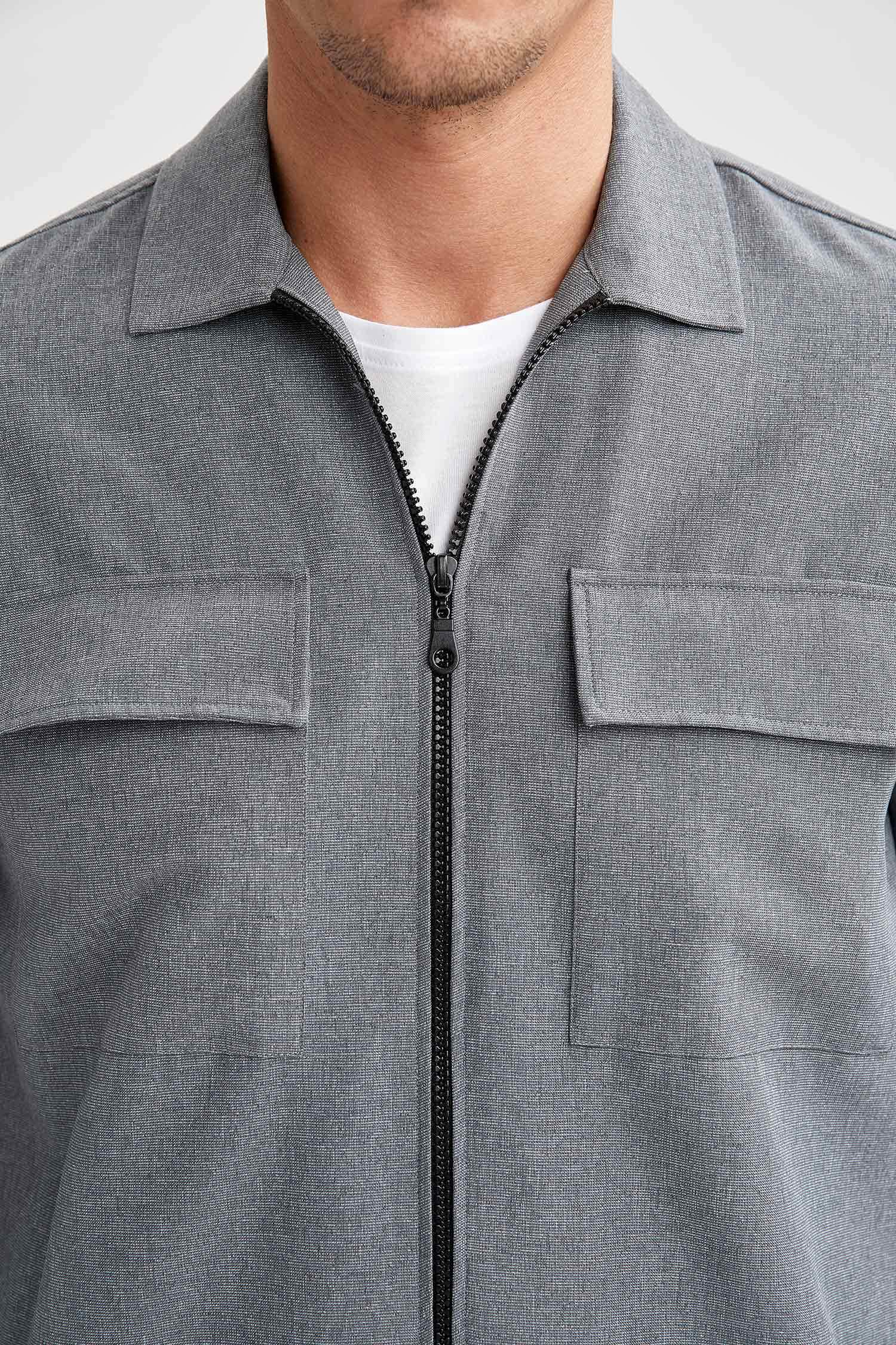 Regular Fit Çift Cepli Fermuarlı Uzun Kollu Gömlek Ceket