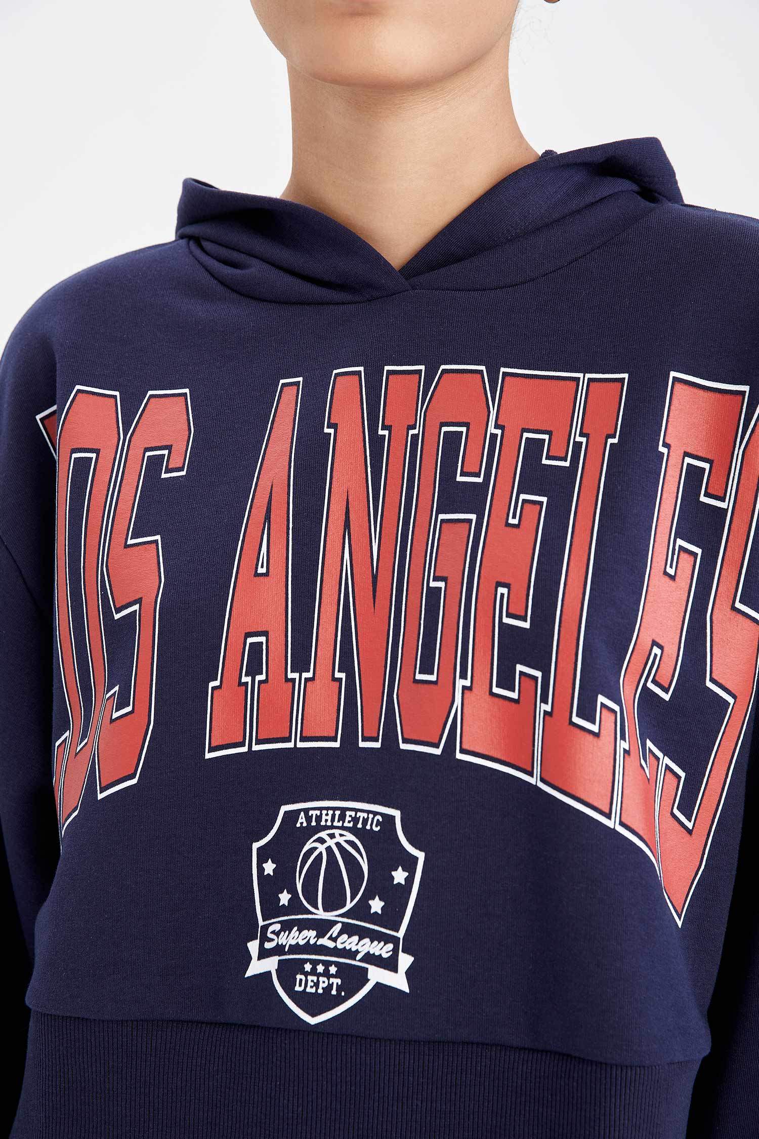 Coool Kolej Desenli Kapüşonlu Oversize Fit Crop Sweatshirt